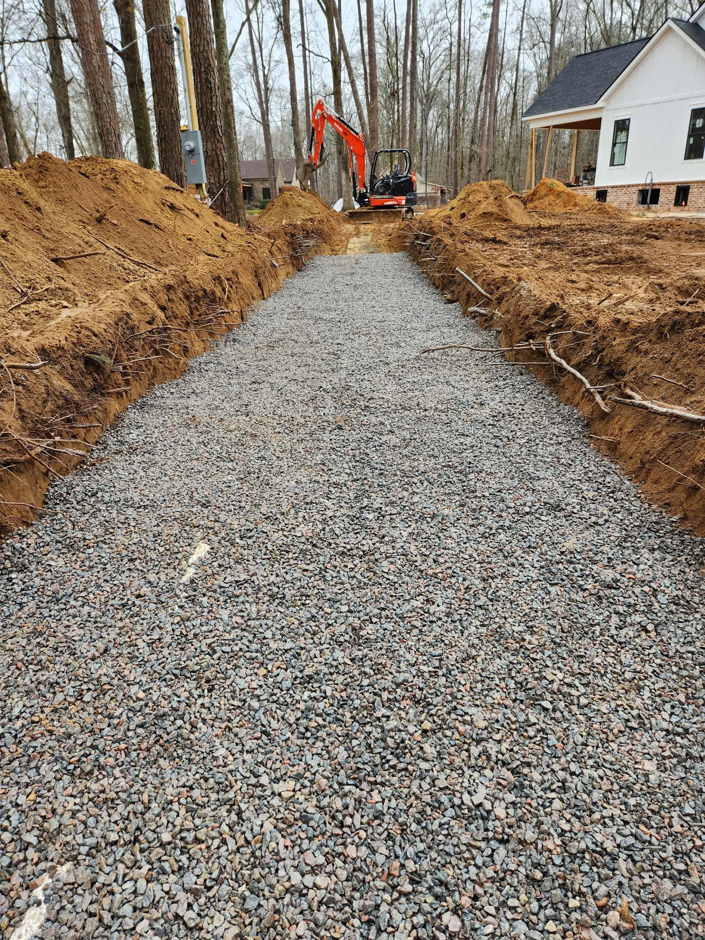 A gravel driveway under construction with an orange mini excavator in the background, surrounded by dirt and trees, near a white house.