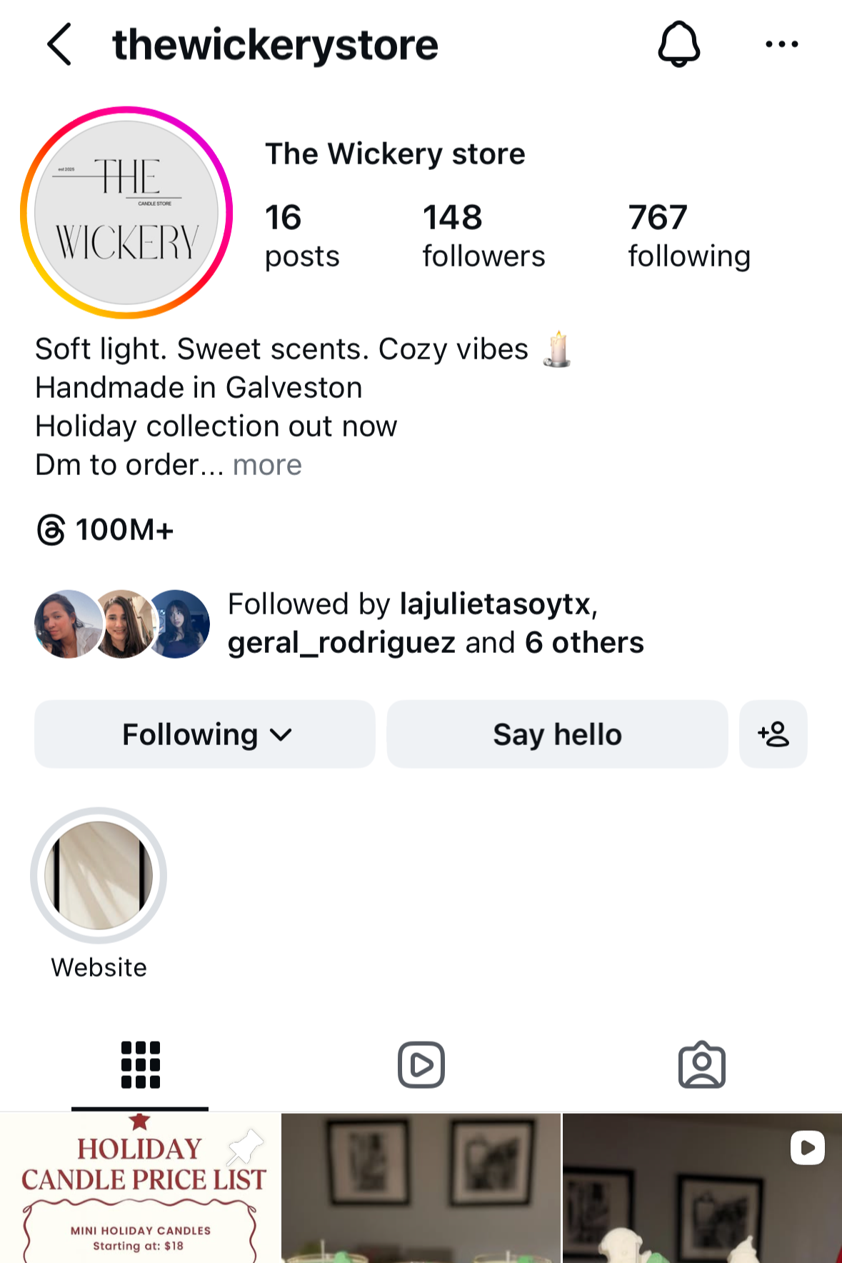 Instagram profile page for The Wickery store, featuring a logo with the text 'The Wickery,' brief description of handmade candles with holiday collection, and a flower and candle emoji.