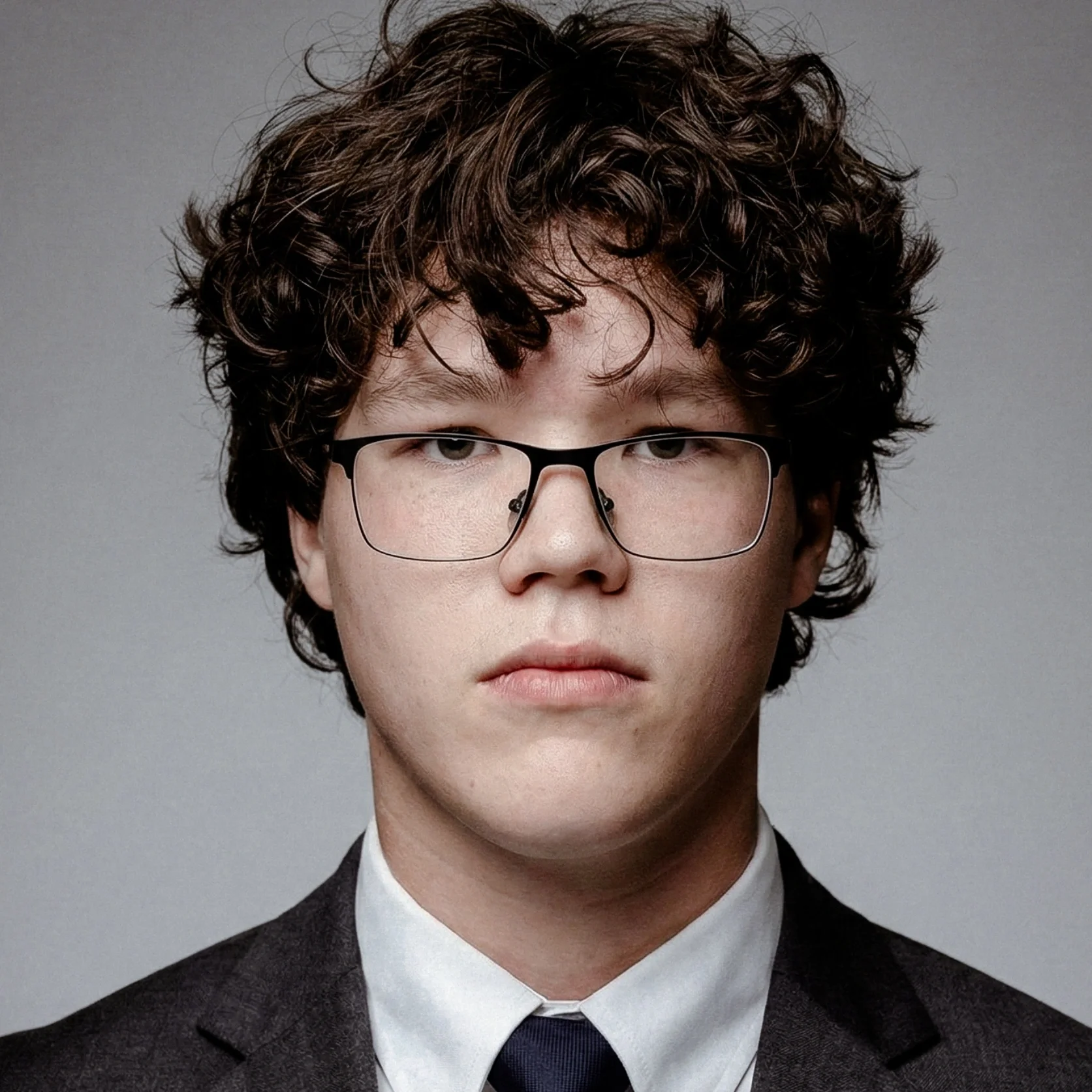 A young man with curly brown hair, wearing black-rimmed glasses, a white shirt, a dark tie, and a dark suit jacket, looking directly at the camera against a plain gray background.