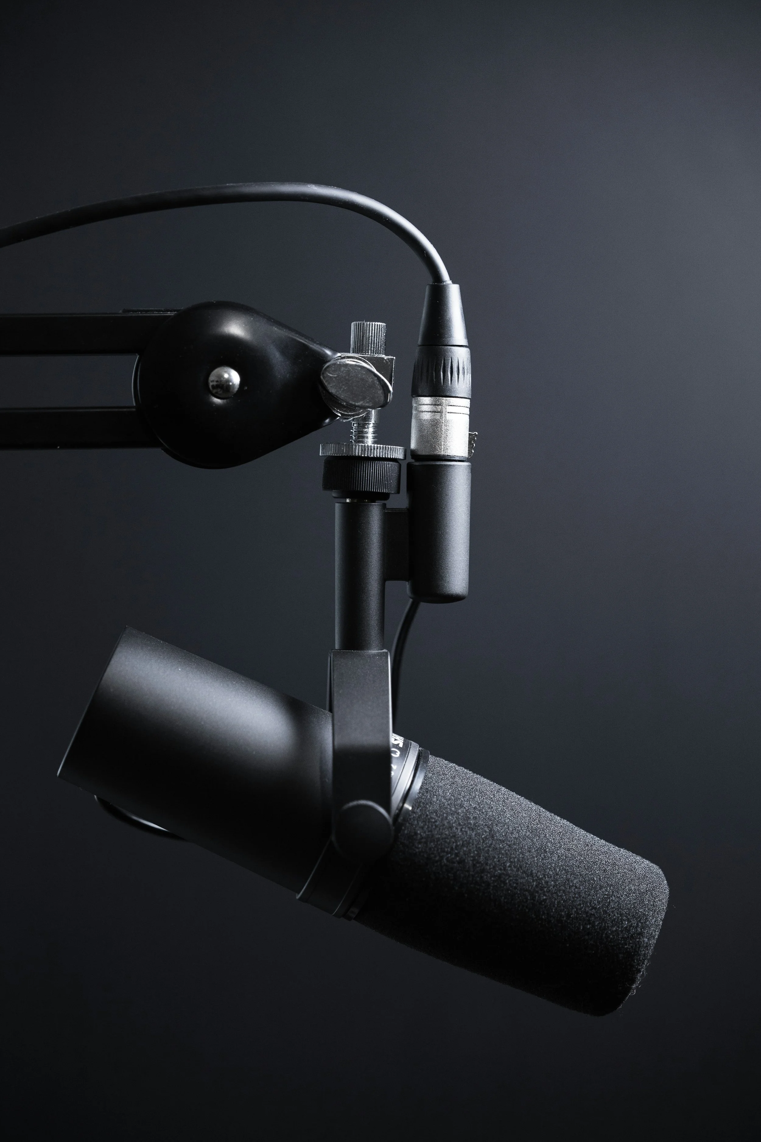 Professional microphone with a pop filter and shock mount against a dark background.