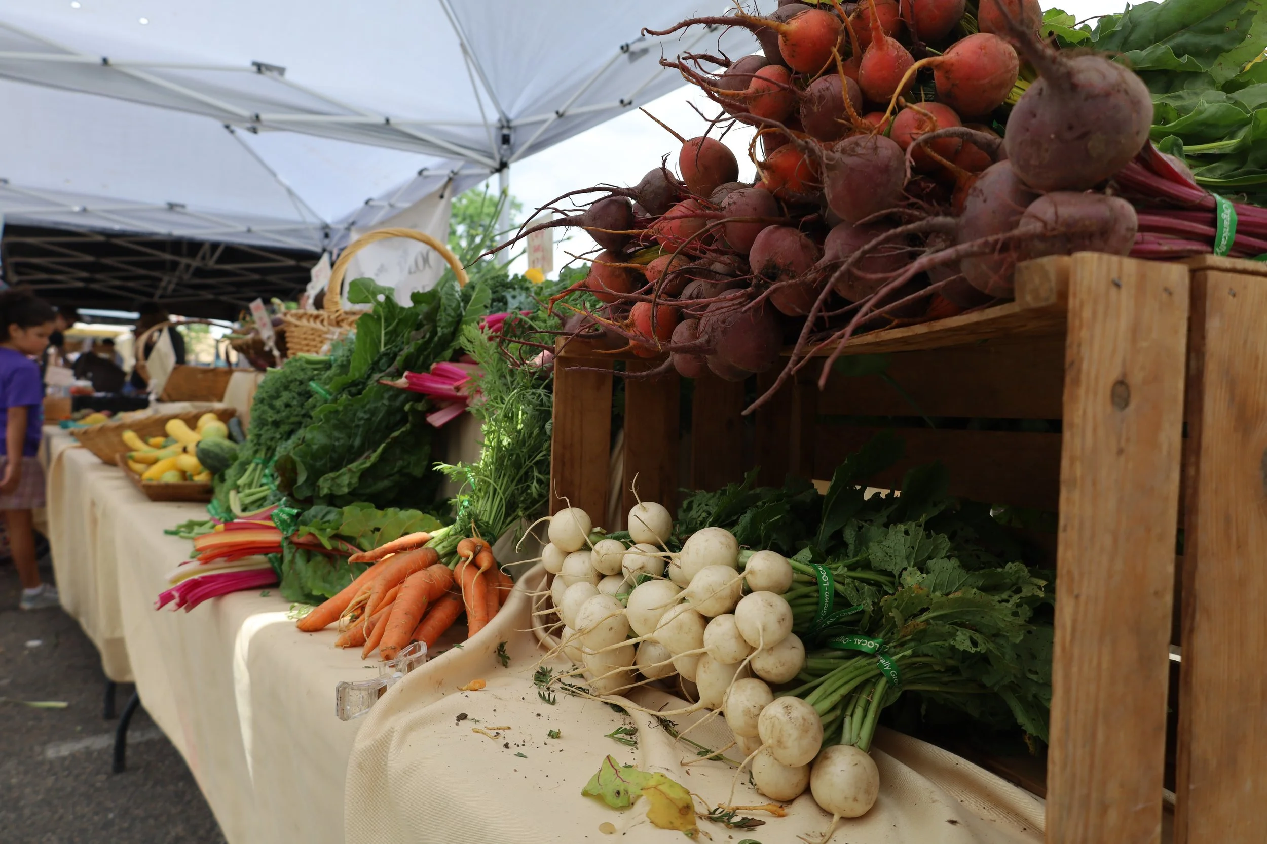 Display of turnips, beets, carrots, and chard at the Farmers' Market