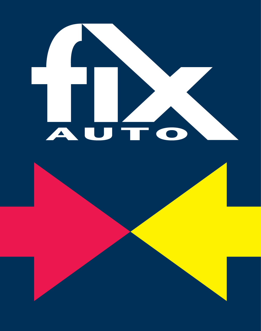 Logo of Fix Auto featuring the words "FIX AUTO" with a red arrow pointing left and a yellow arrow pointing right on a dark blue background.