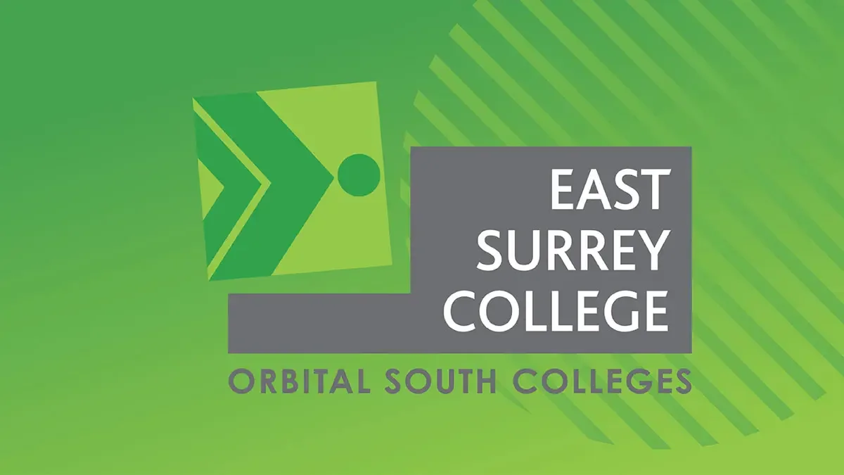 Logo of East Surrey College, part of Orbital South Colleges, on a green background with geometric design.