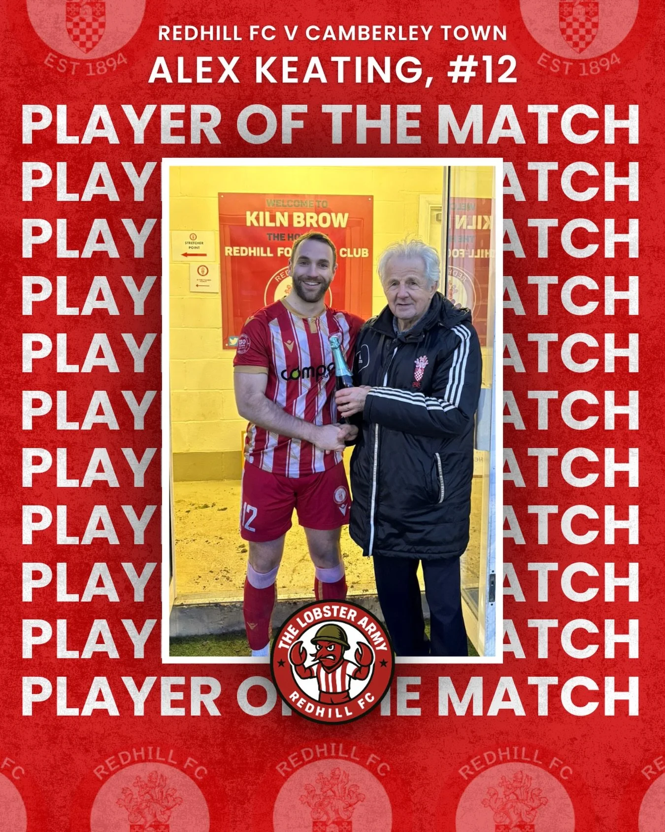 🍾 @lobsterarmy1894 Player of the Match 🍾

Today&rsquo;s pick is @alexkeatingg.

It could have gone to most of the team today for our convincing 6-0 win against Camberley Town, but it&rsquo;s the Lobster&rsquo;s number 12 that gets the 🤝.

If you&r