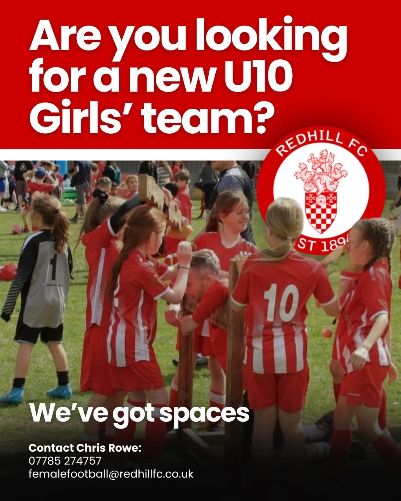Does your daughter want to join a team? Or is she in a team you&rsquo;re not fully happy with?

Our U10s Girls teams are growing and have space for more players. 

Girls&rsquo; football at Redhill FC has grown rapidly from one team and eight players 