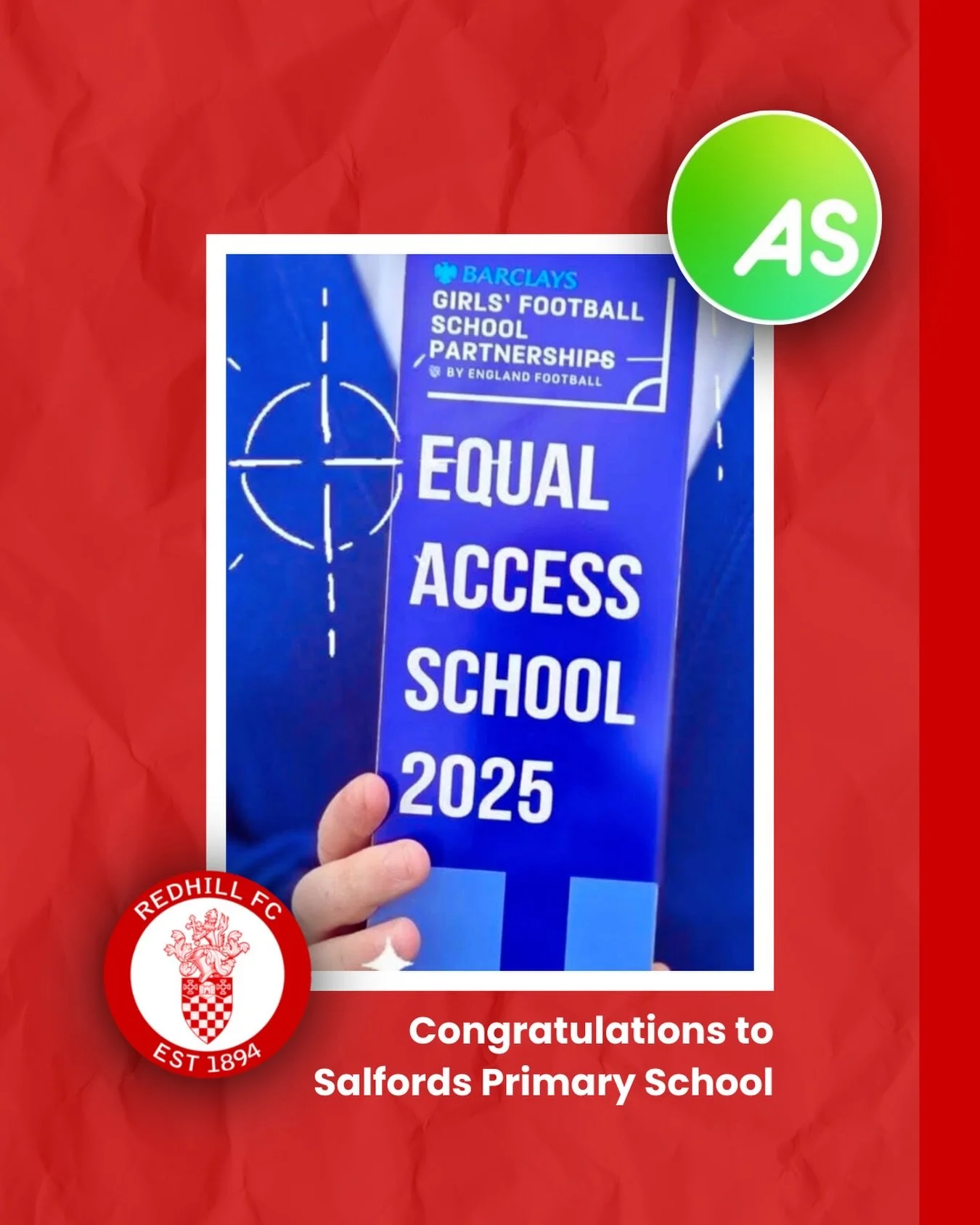 🏆 Equal Access Award 🏆 

@salfords_primary School has been recognised by @activesurrey for providing equal access to girl&rsquo;s football provision.

Shout out to Redhill Youth coaches, Pav and Paul Cudd, for their time and dedication to support G