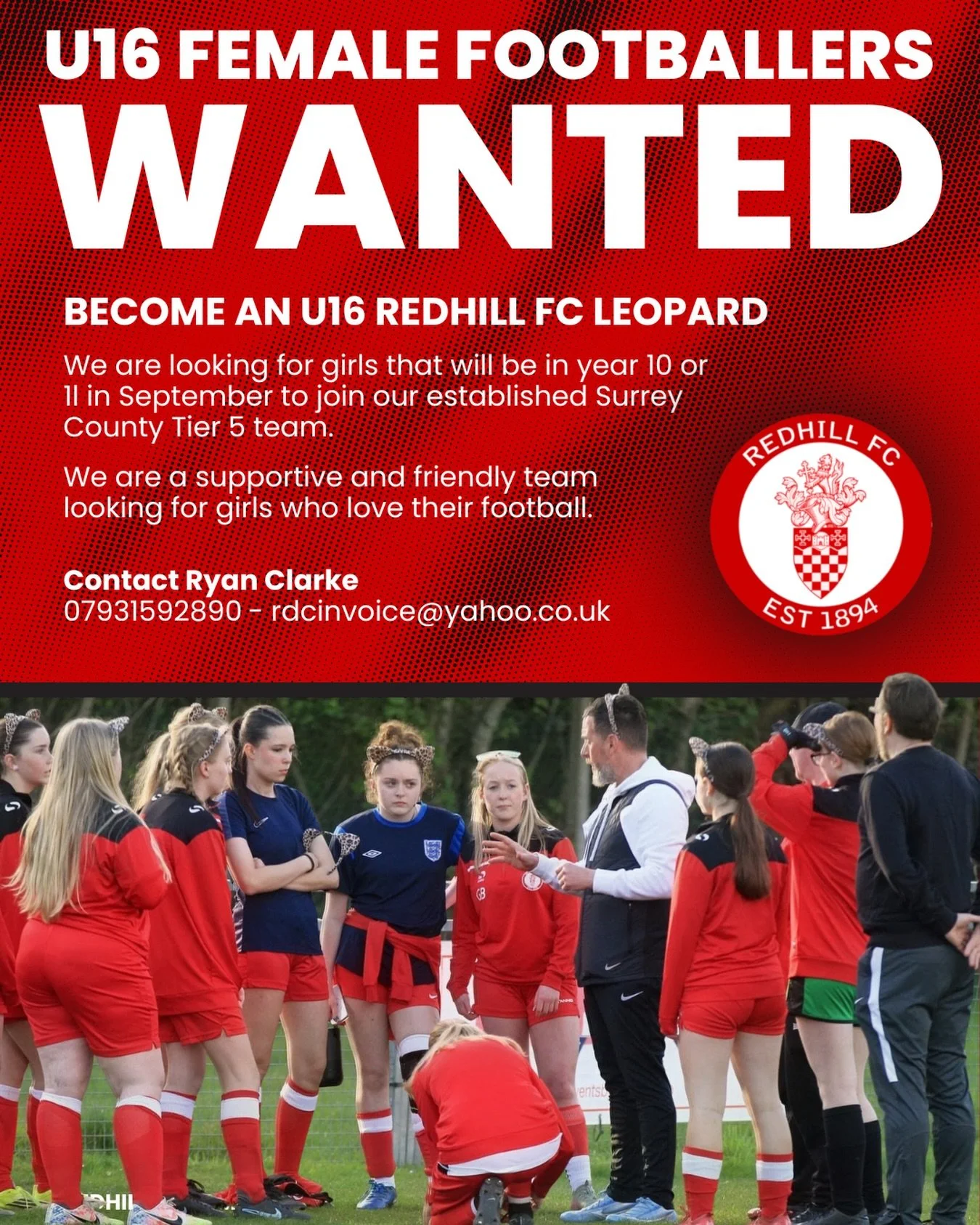 Are you looking for a fun and supportive team to join next season? Our Redhill FC U16 Leopards have spaces in their team for female footballers who will be in years 10 or 11 from September. 

Get in touch with Coach Ryan to organise attending a train