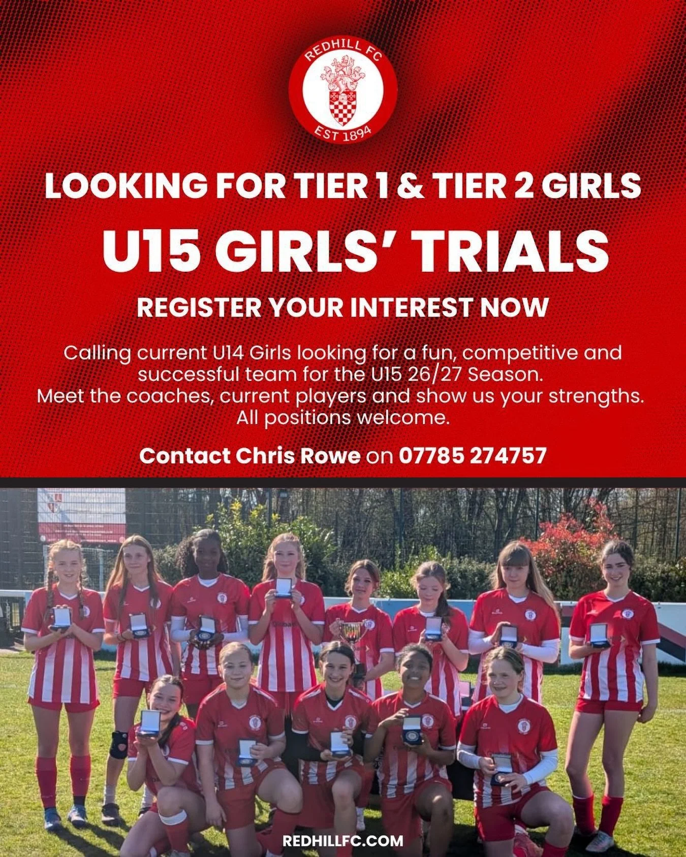 Next seasons U15 Redhill FC Youth Girls team is growing. We&rsquo;ve got a great group of hardworking and supportive teammates waiting to welcome you and help you develop. 

Come and meet the team and coaches and see what it&rsquo;s like to be a part