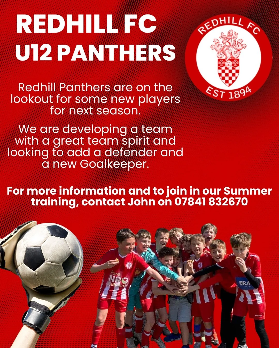 Redhill Panthers are on the lookout for some new players for next season. 

We are developing a team with a great team spirit and looking to add a defender and a new Goalkeeper. 

For more information and to join in our Summer training, contact John 