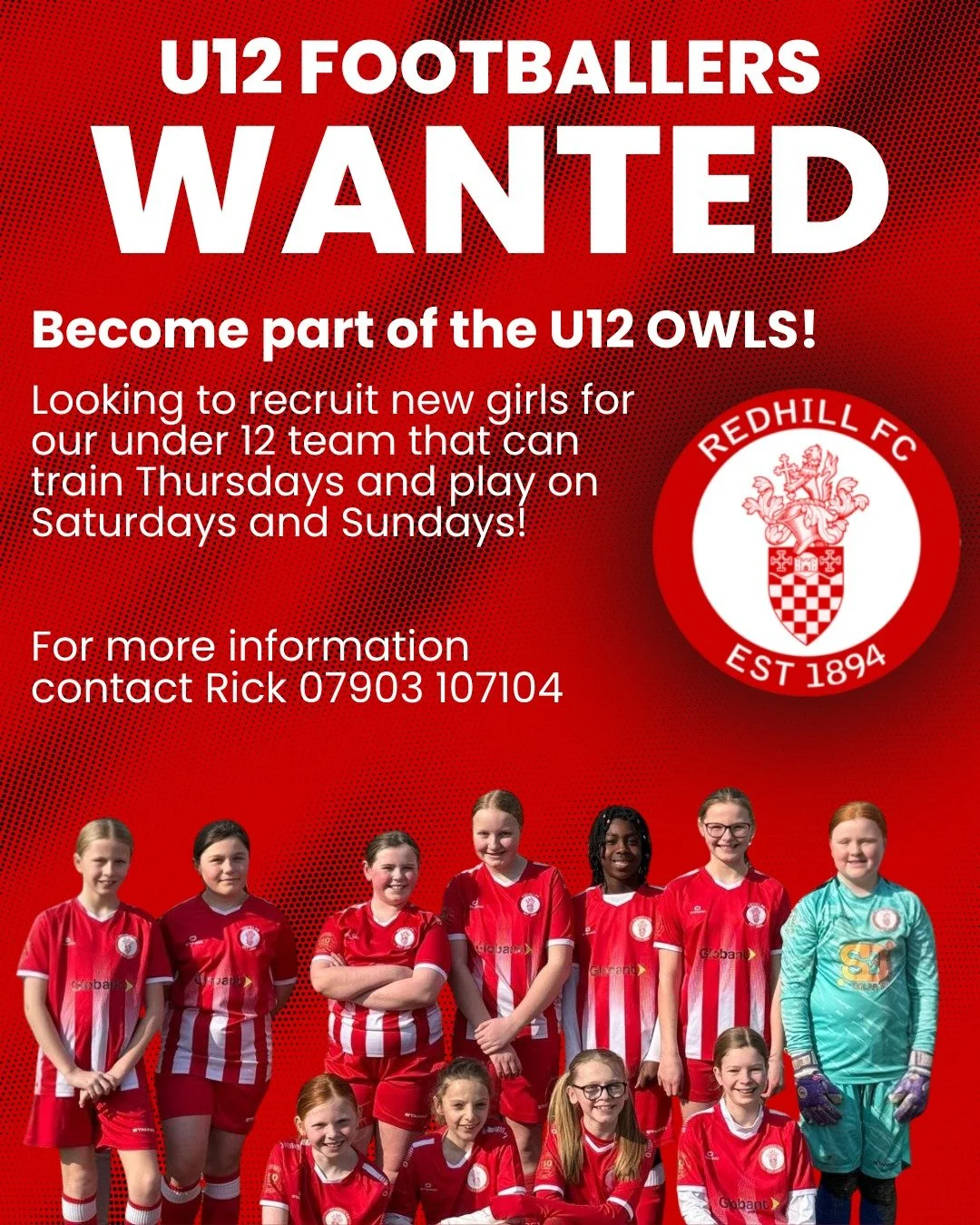 REDHILL FC U12 OWLS

We are looking to recruit new girls to the team who are looking for fun, enjoy football and want to be part of a great team! 

Need players that can train on Thursdays and play Saturday or Sunday!

Our current team play Sunday bu