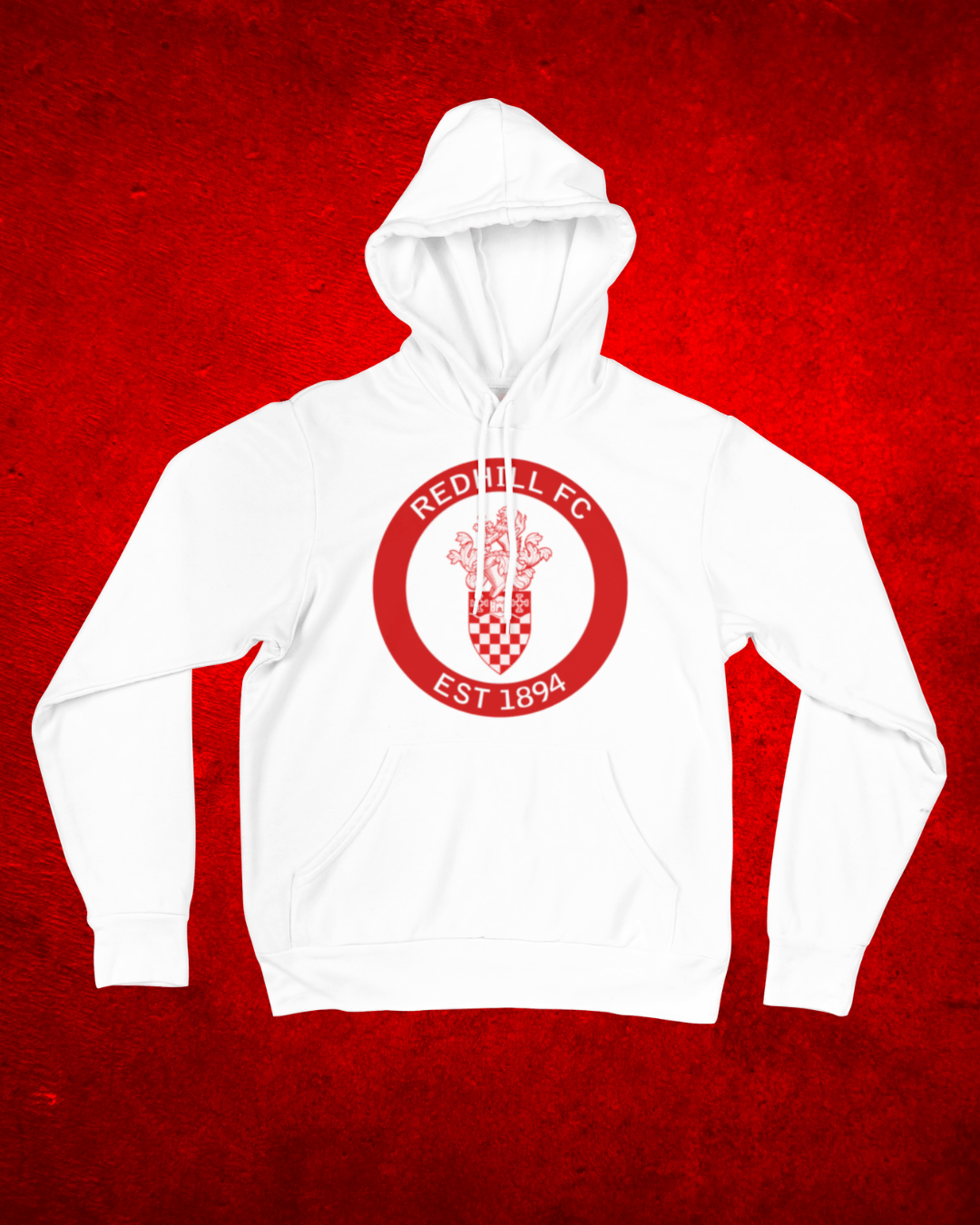 White hoodie with the Red Bull FC crest, featuring a checkered shield, decorative lion, and the text 'RED BULL FC EST 1894' in red on a red background.