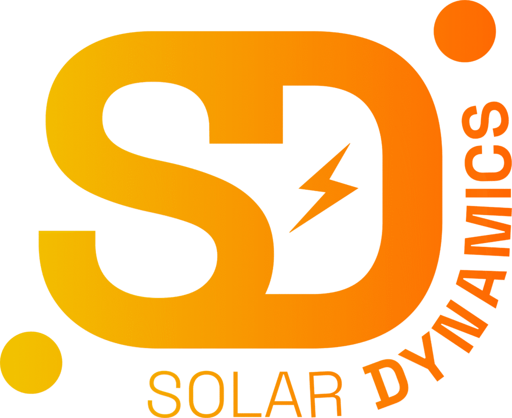 Logo for SD Solar Dynamics with large yellow and orange letters 'S' and 'D', a lightning bolt symbol in the middle, and black text 'SOLAR DYNAMICS' at the bottom, with orange circles around the logo.