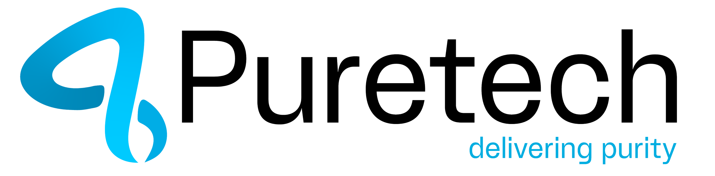 Puritech logo with a blue water droplet icon and the tagline 'delivering purity' in blue text.