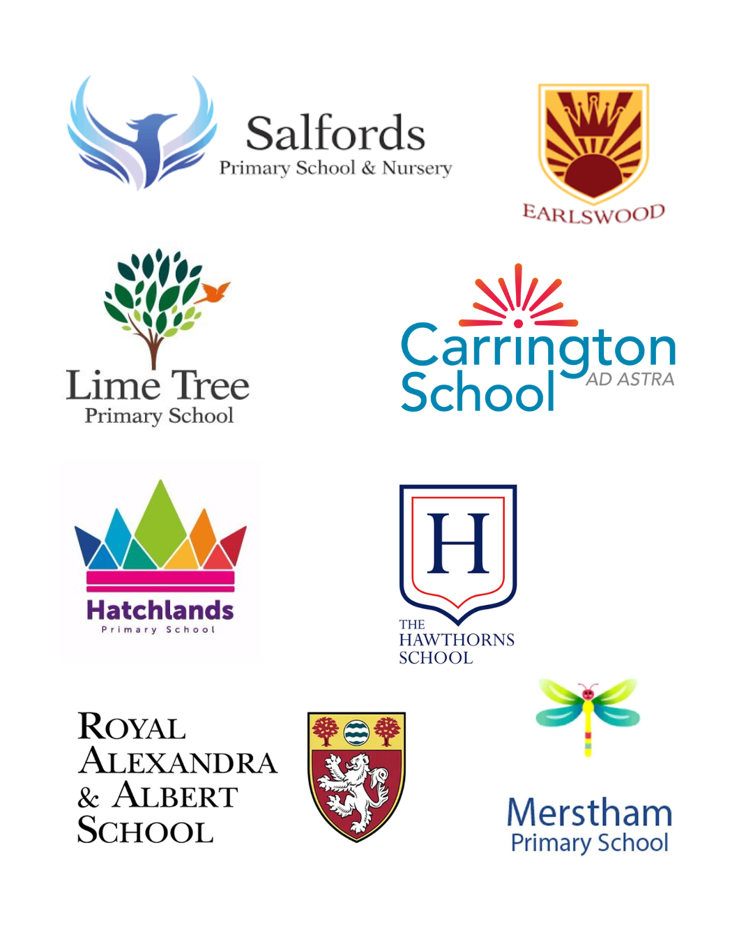 Collection of school logos including Salford Primary School & Nursery, Earlswood, Lime Tree Primary School, Carrington School, Hatchlands Primary School, The Hawthorns School, Royal Alexandra & Albert School, and Merstham Primary School.