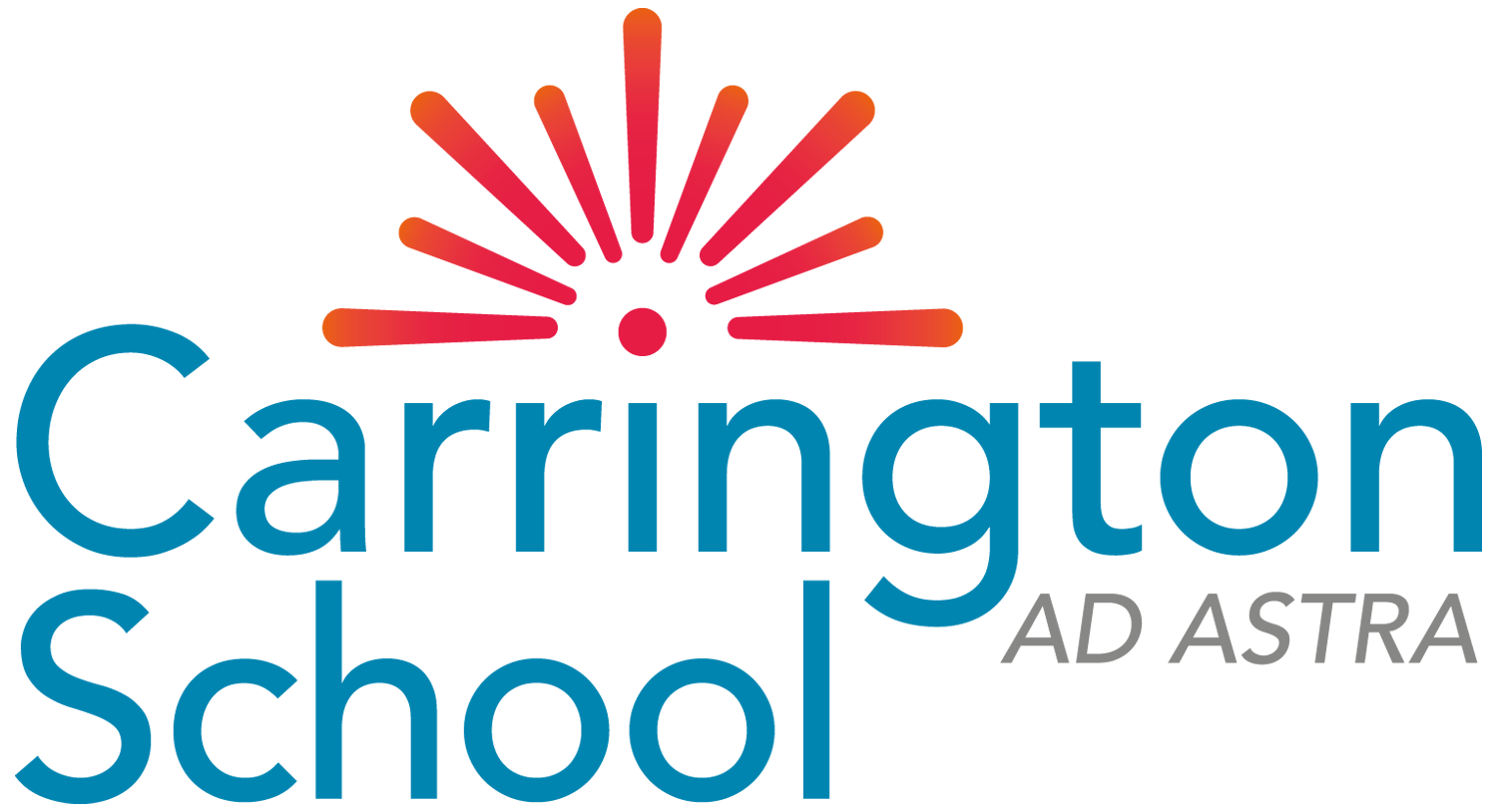 Carrington School Ad Astra logo in blue and red text with starburst design