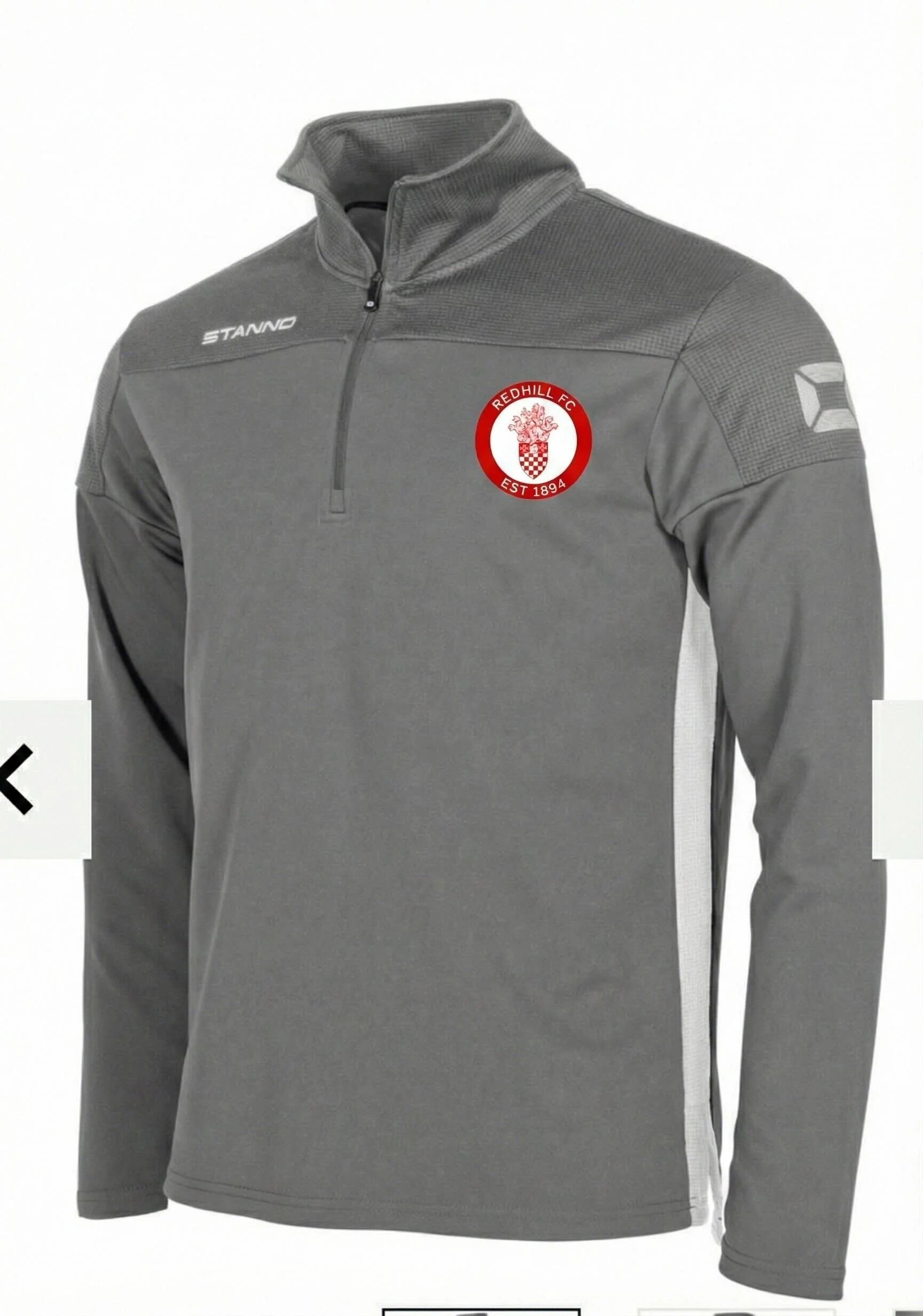 Gray football training top with Redhill FC crest on the chest, features a zip collar and logos, displayed on a mannequin.