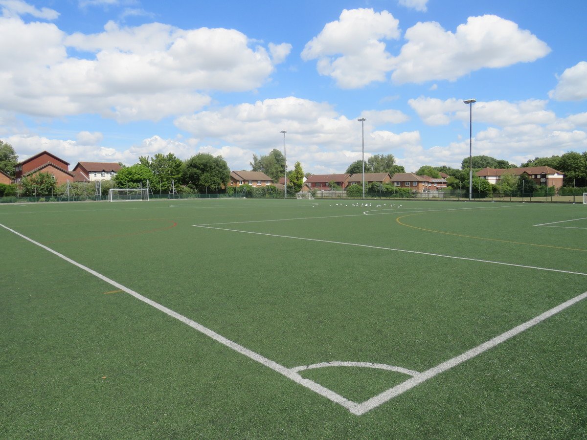 Empty sports field with goals, trees, houses, and soccer balls on grass under a partly cloudy sky.