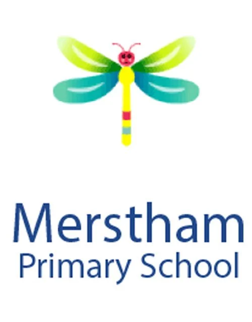 Merstham Primary School logo with colourful dragonfly illustration