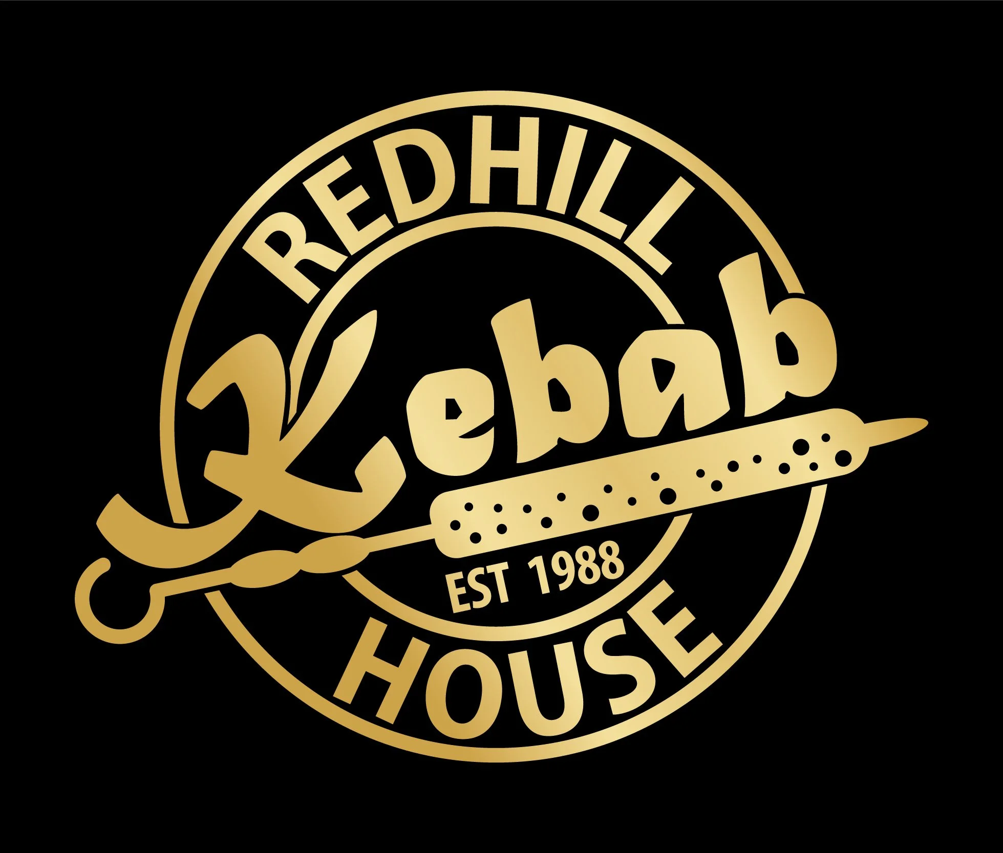 Gold logo with black background reading "Redhill House" and "Kebab" with a kebab skewer graphic, established 1988.