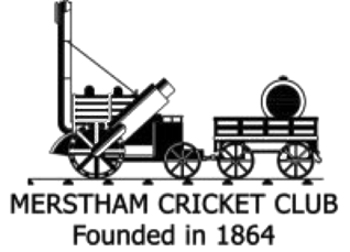 Line drawing of a steam-powered invention with a tall chimney and wheels, labeled 'Mersham Cricket Club Founded in 1864'.