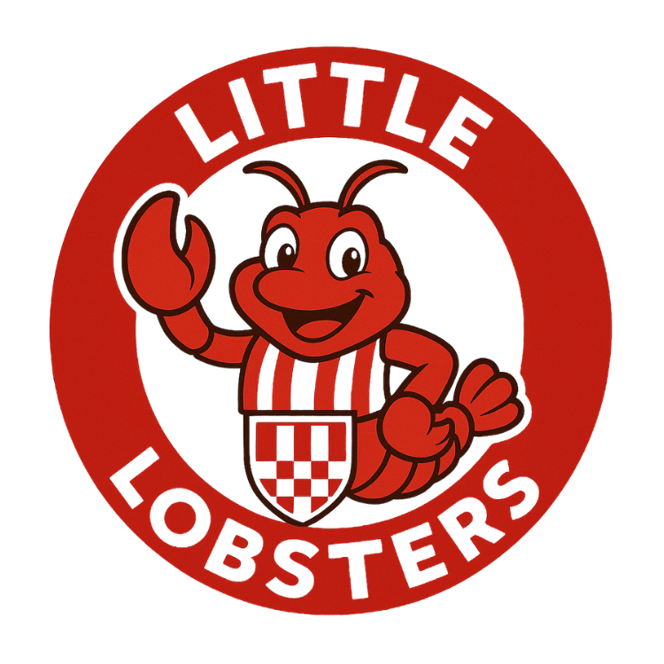 A cartoon lobster mascot waving, with a striped red and white shirt, holding a shield with a red and white checkered pattern, inside a red circle with the text 'Little Lobsters' around it.