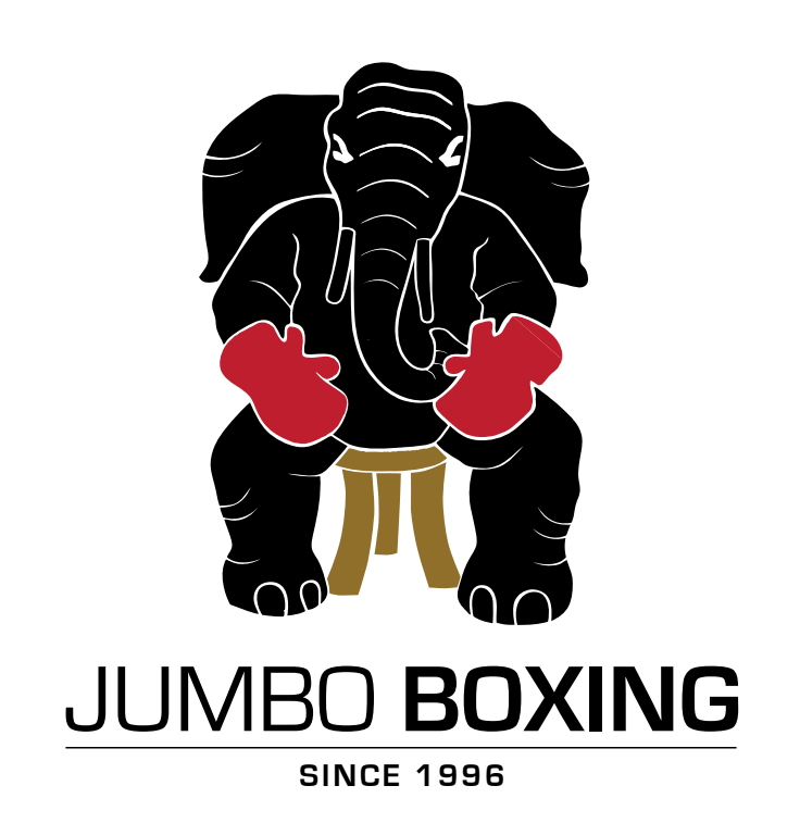 Graphic of an elephant wearing red boxing gloves and standing behind a small stool, with the text 'Jumbo Boxing since 1996' below.