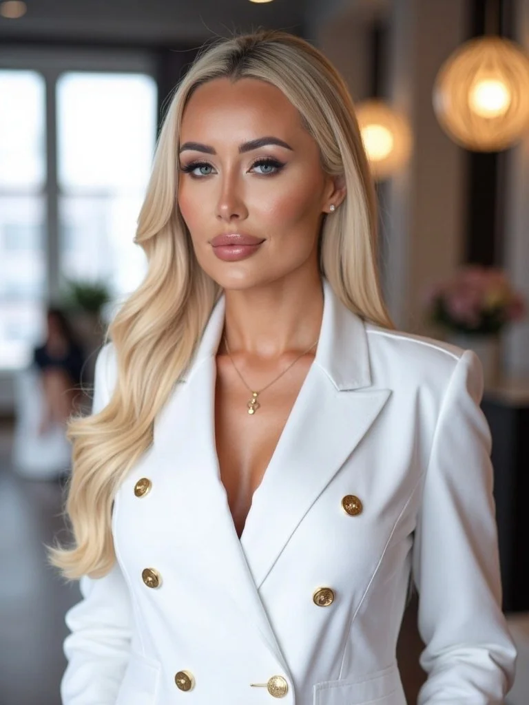 A blonde woman wearing a white blazer with gold buttons, standing in a modern, well-lit indoor space.