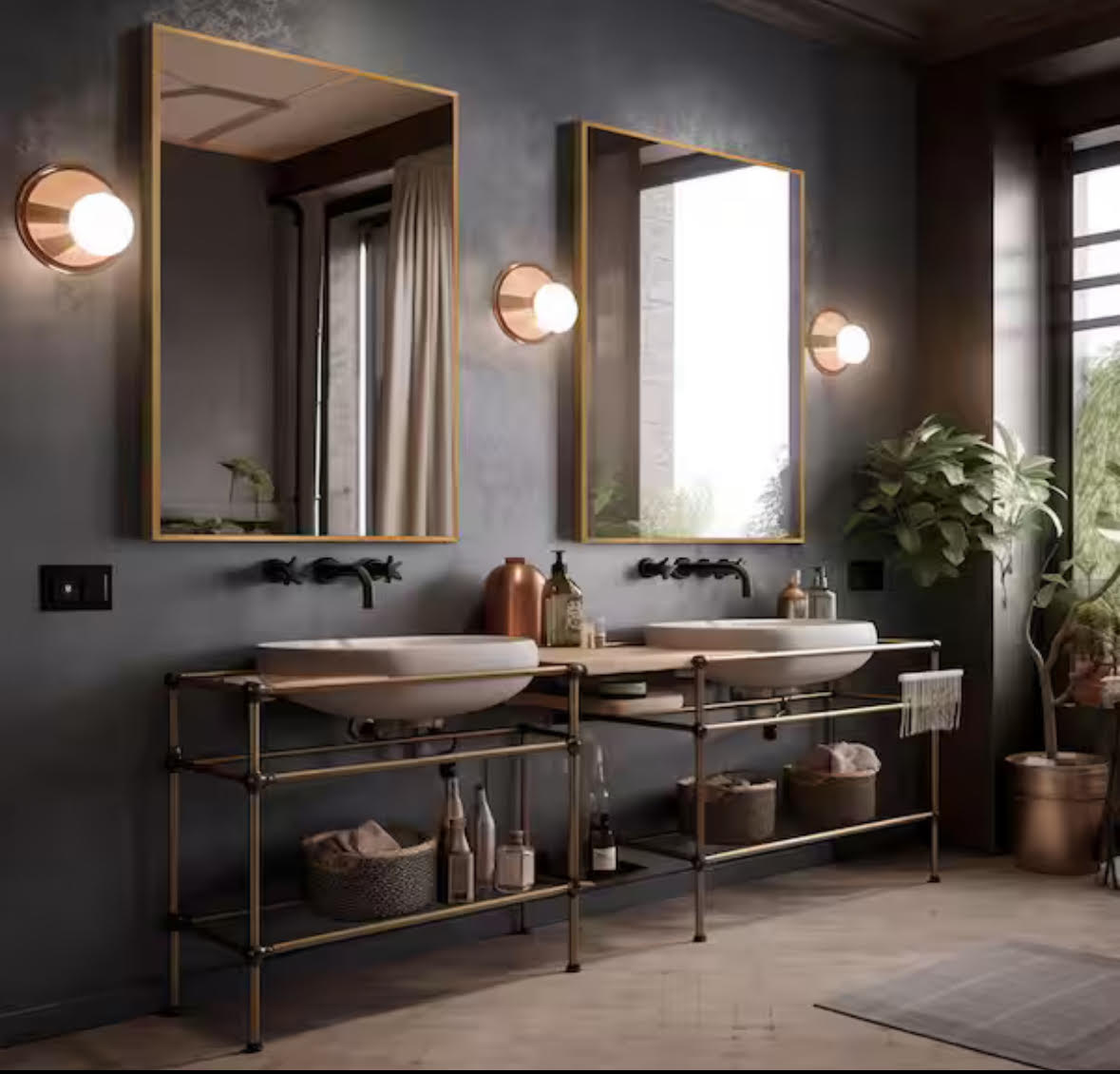Modern bathroom with double sinks, large mirrors with gold frames, wall-mounted black faucets, and copper wall lights. A black metal and wood vanity holds toiletries and towels. To the right, a large potted plant by the window adds greenery to the space.