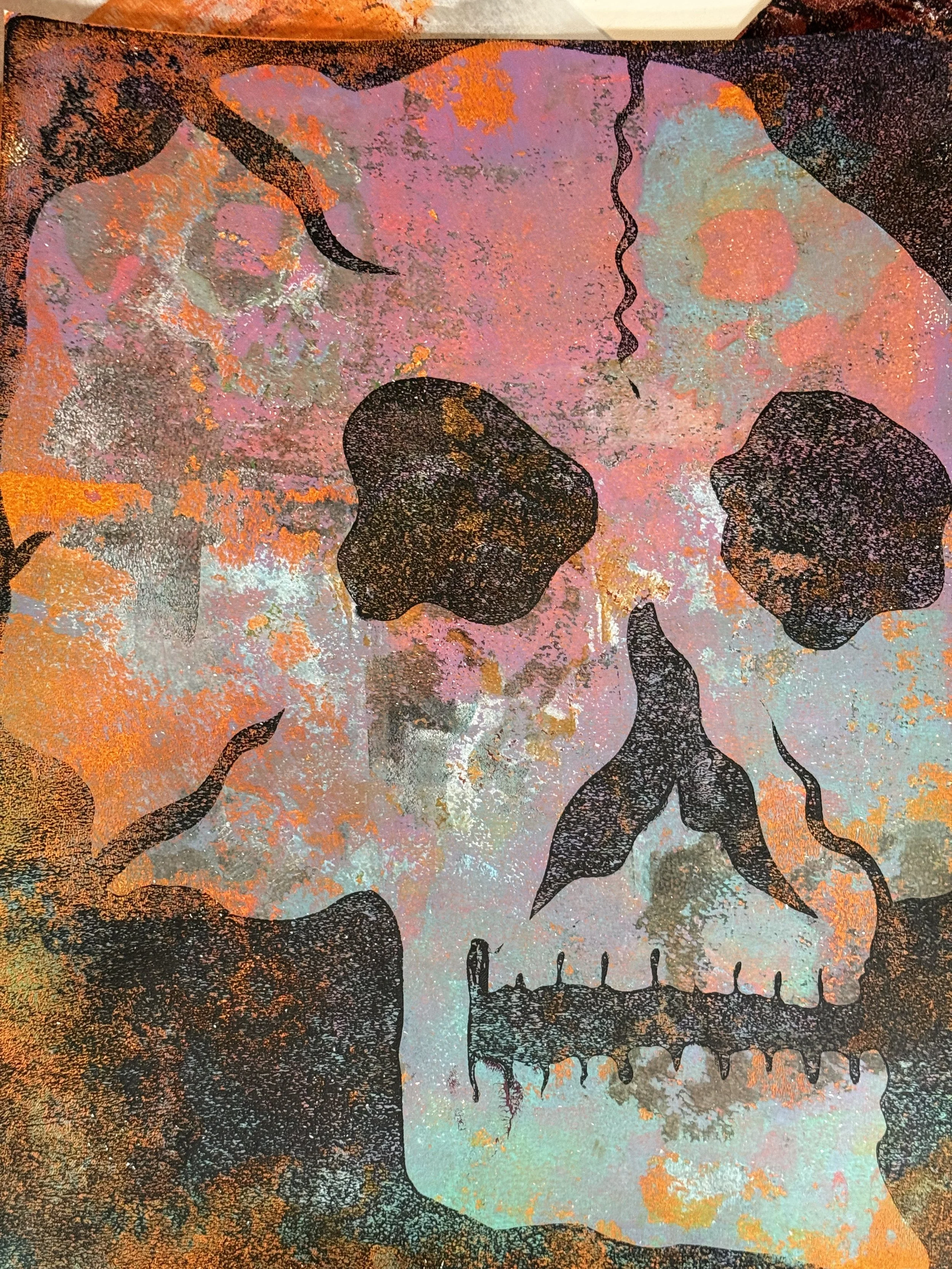 Graffiti-style artwork of a skull with black outlines and splatters, set against a colorful, textured background of orange, pink, teal, and gray tones.