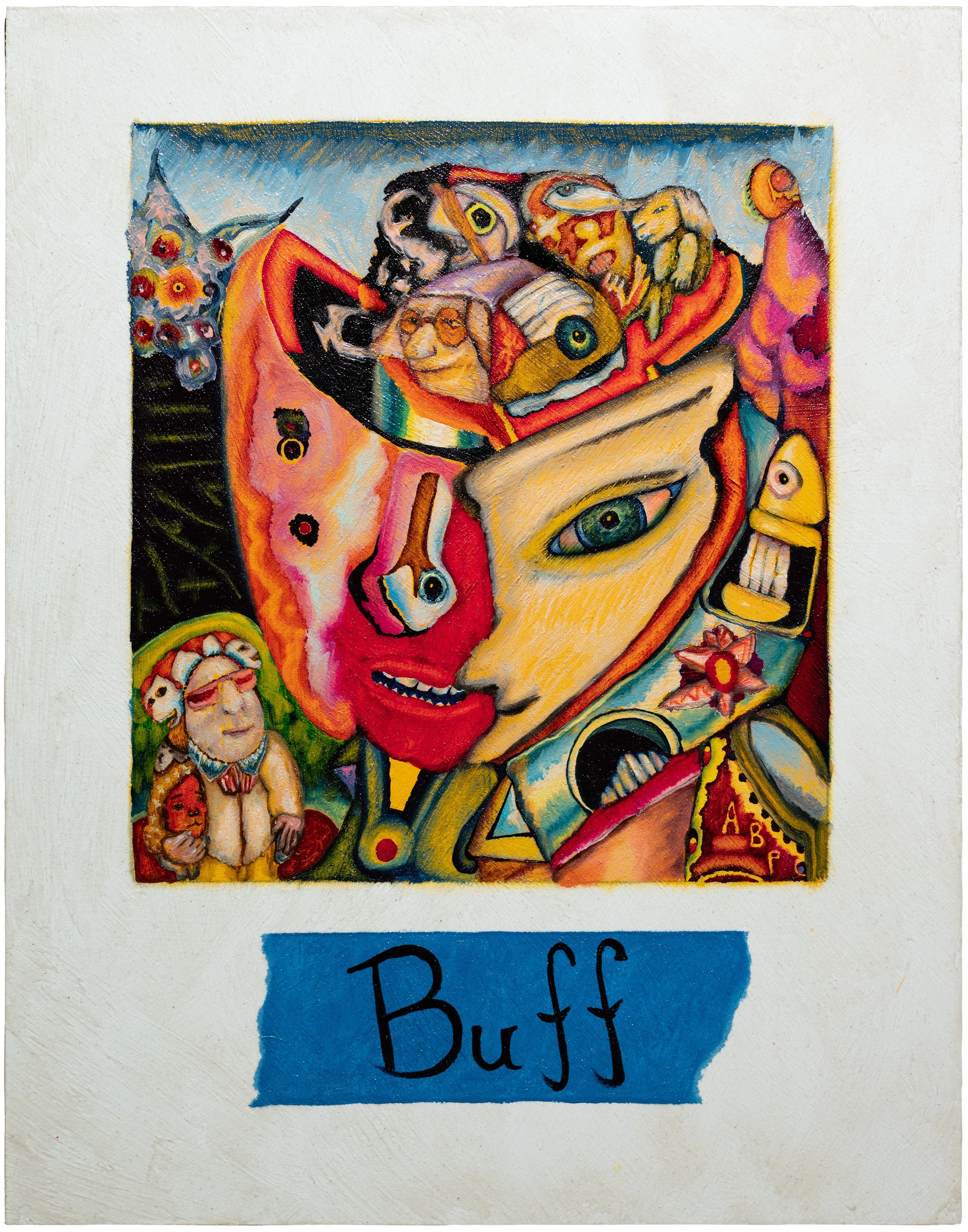 Oil painting with many little figures in big head with blue tape trompe-l'oeil