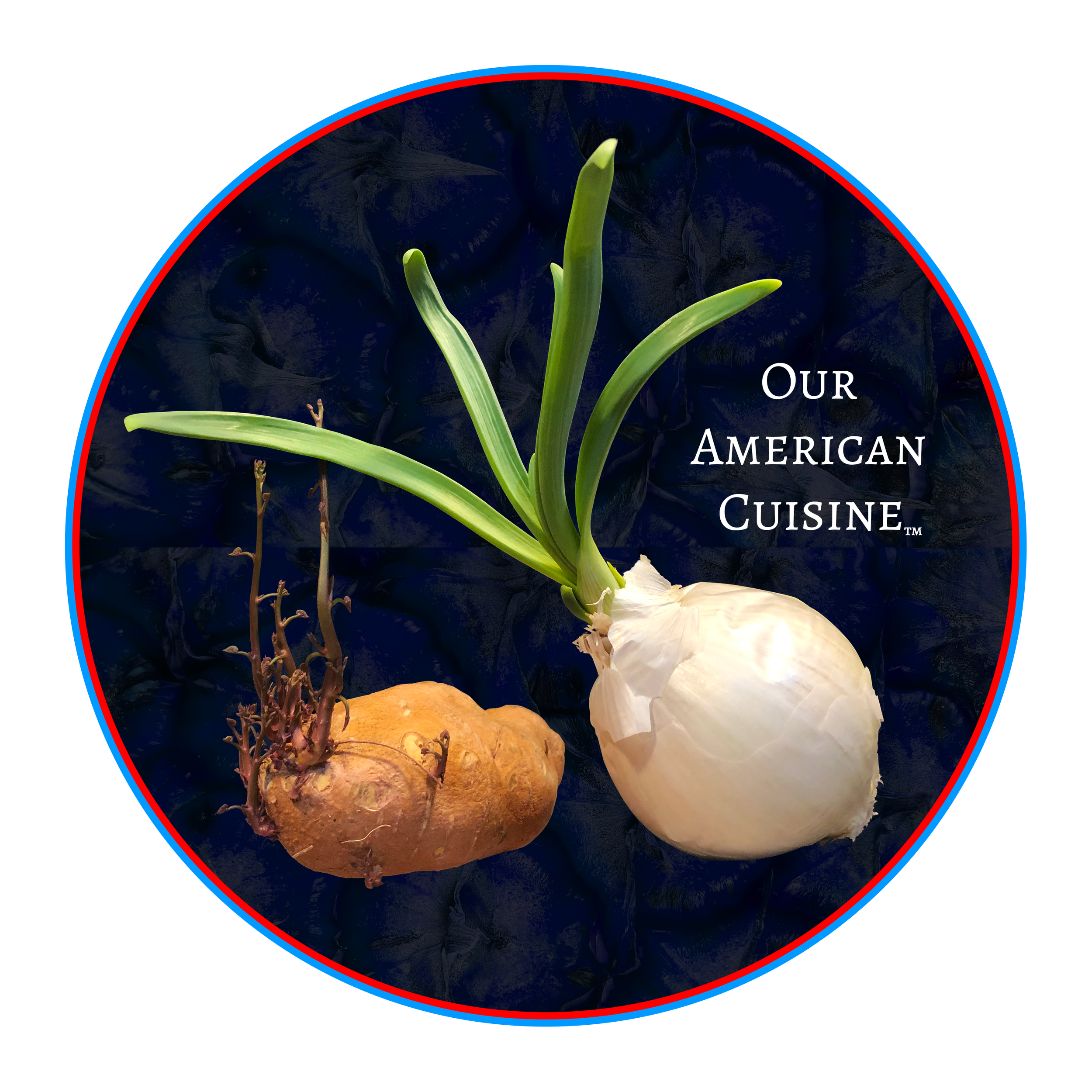 Our American Cuisine logo (with funny onion and sprouting sweet potato)