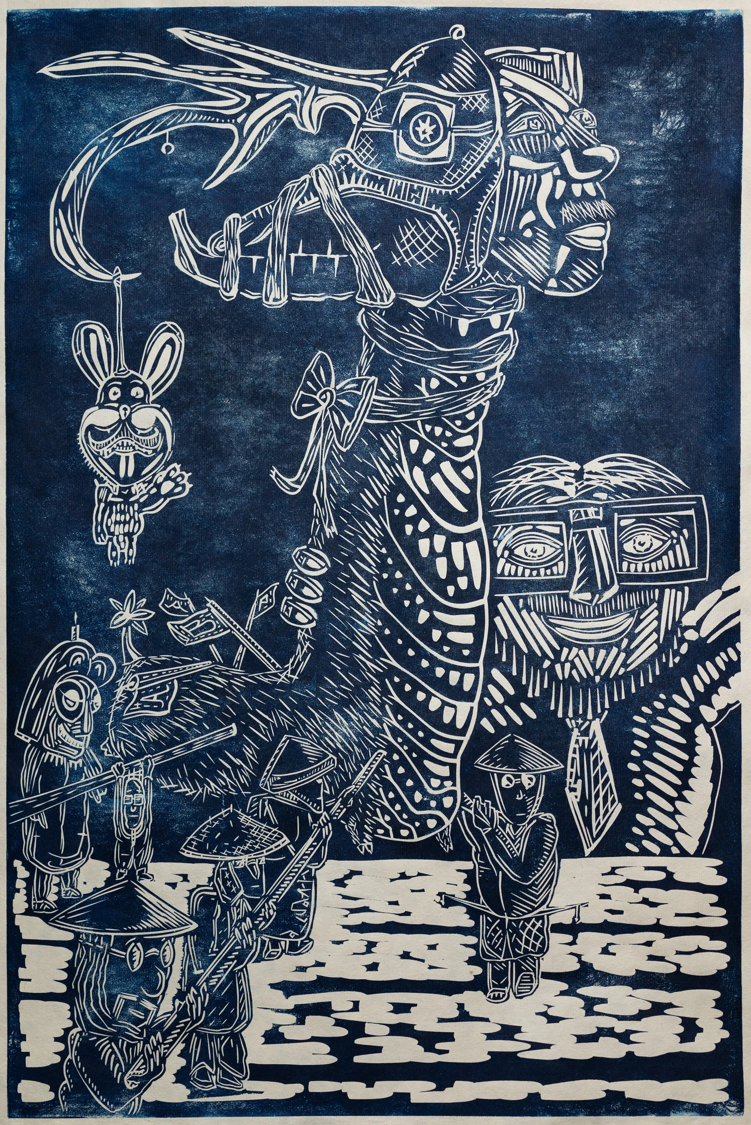 Linocut print in blue ink with figures carrying staked creature in celebration