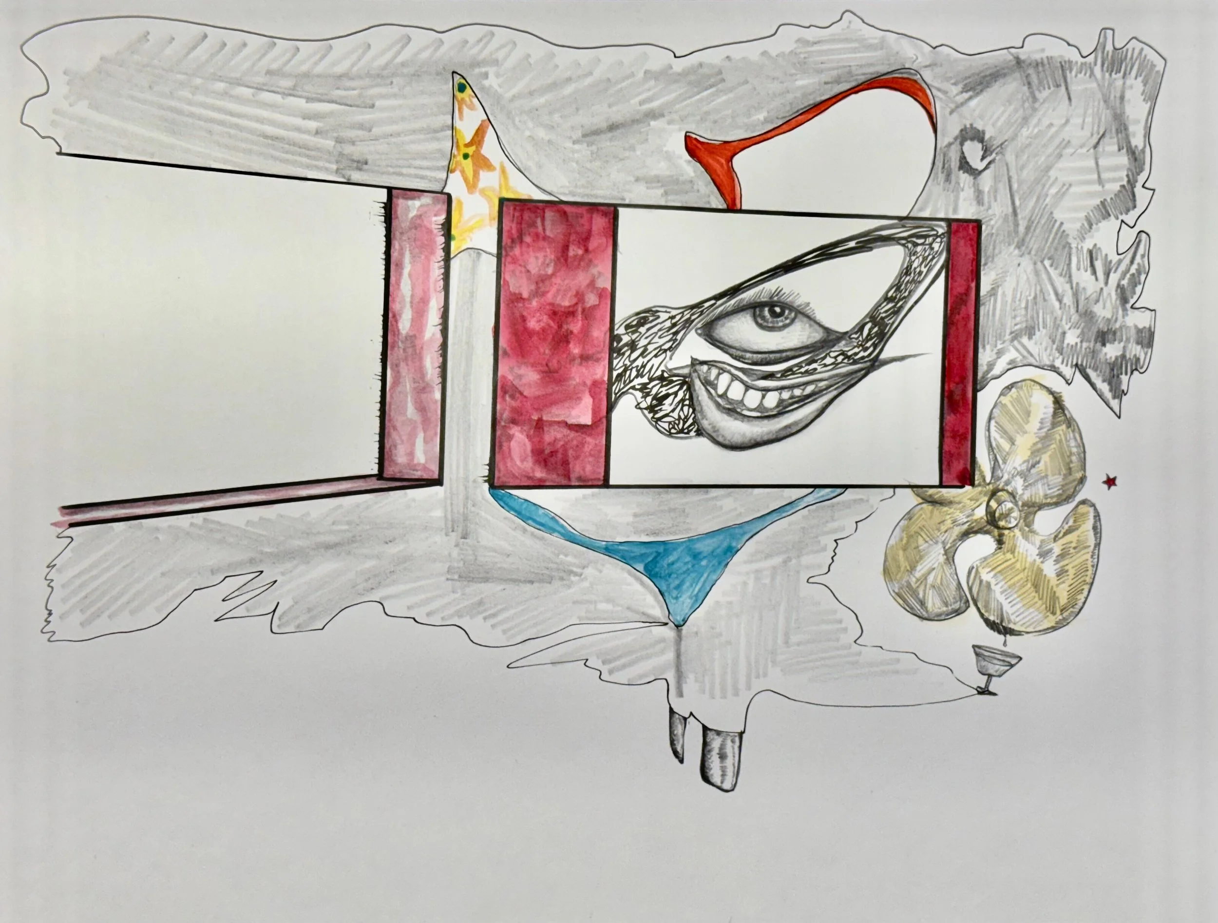 Show Boat: The Italian Boat Face, 2024
Graphite, watercolor, and ink on paper, 
9 x 12 inches