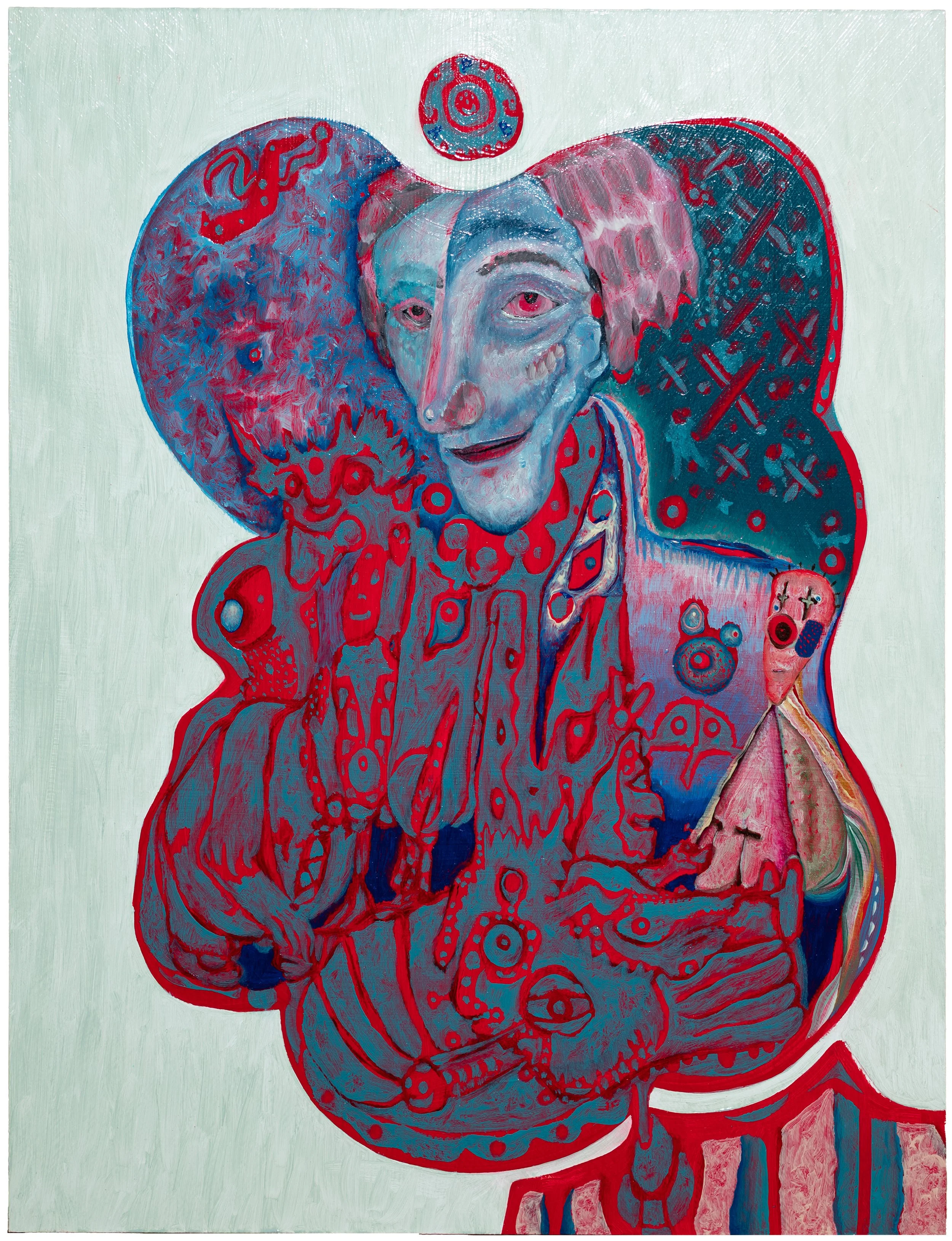 Blue-faced figure in abstract figurative oil painting