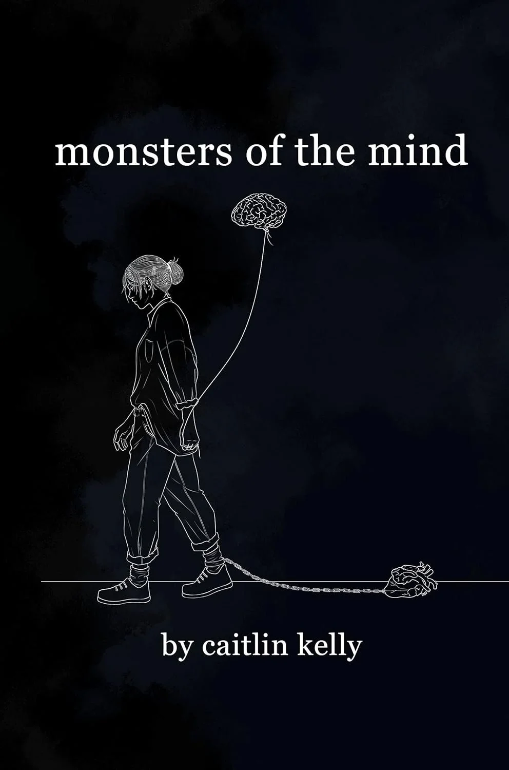 Book cover titled 'monsters of the mind' by Caitlin Kelly featuring a line drawing of a woman walking with a chain connecting her to a bag on the ground with a brain-shaped balloon around her head.