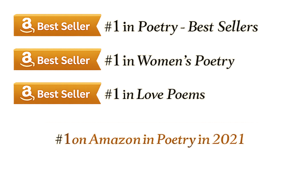 A colorful infographic advertising a poetry book. It highlights the book as a best seller, ranking #1 in poetry, women's poetry, love poems, and on Amazon in 2021.