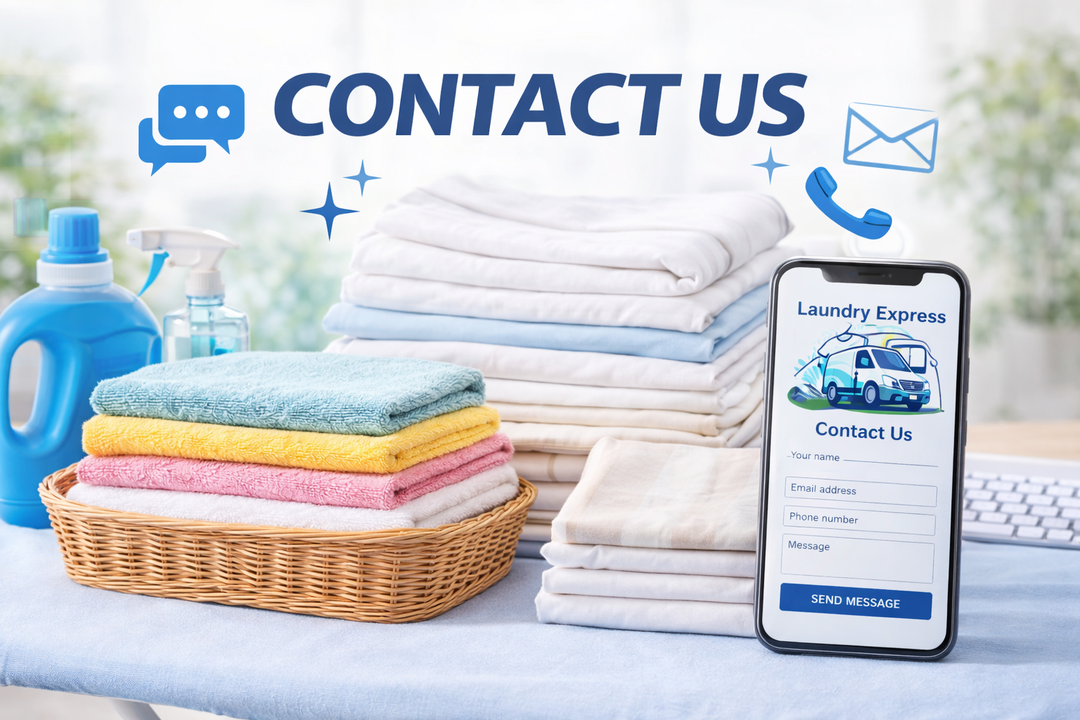 A laundry cleaning service with folded towels, laundry detergent, and a contact form on a smartphone for customer inquiries.