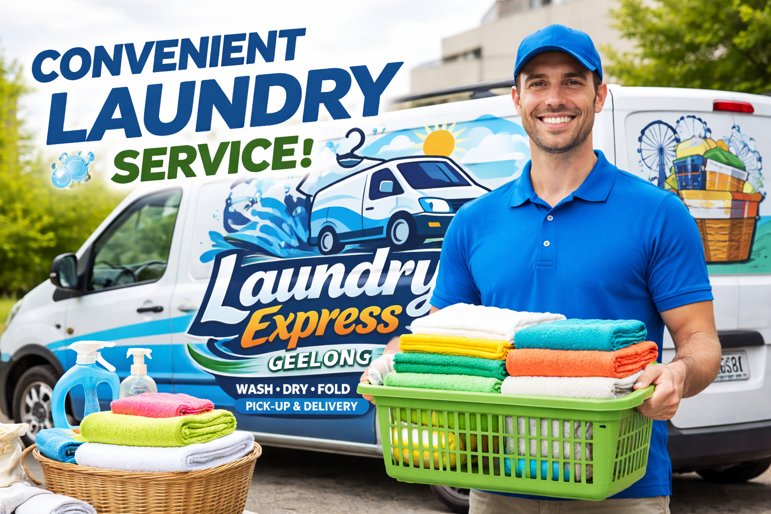 A smiling man in a blue cap and polo shirt holding a green basket filled with neatly folded colorful towels, standing outside near a white van with a colorful laundry-themed graphic. The graphic on the van features a washing machine, water splashes, and laundry baskets, with text promoting a convenient laundry service in Geelong, offering wash, dry, fold, and pick-up & delivery.