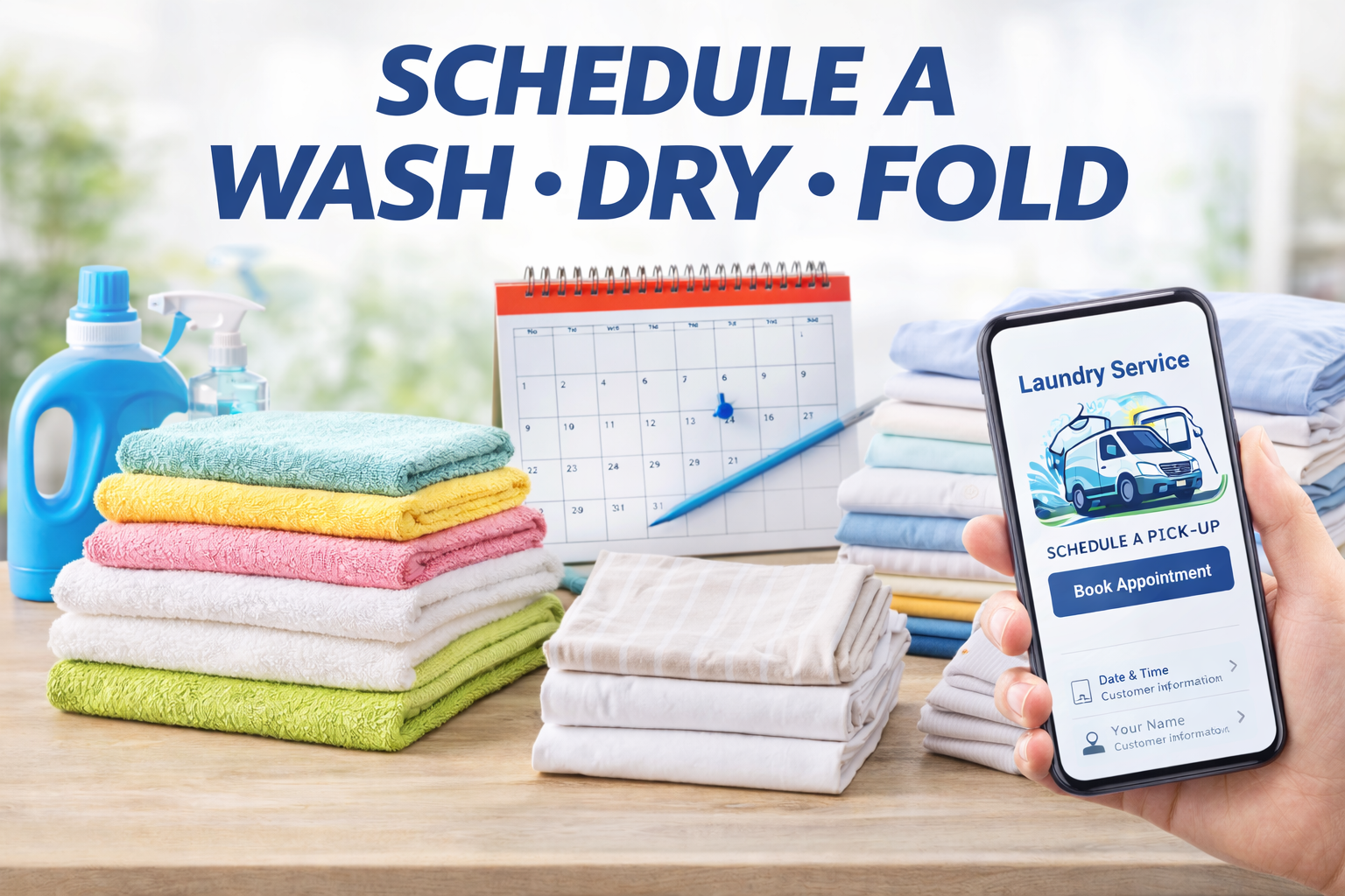 Laundry supplies including folded towels in various colors, laundry detergent, a spray bottle, a calendar, and a smartphone with a laundry service app, on a wooden surface.