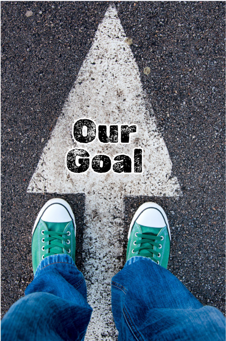 A pair of sneakers standing on a painted arrow on the ground with the words "Our Goal" inside the arrow.