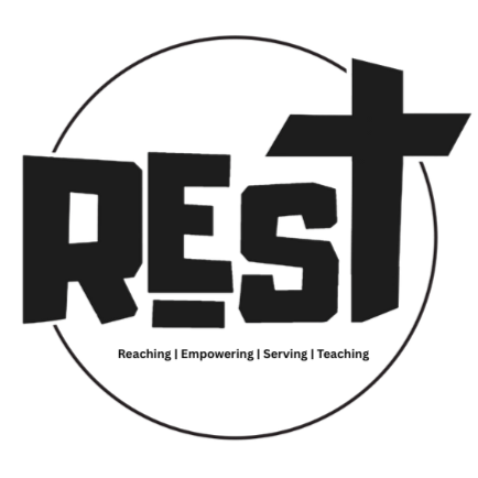 The image features the word "REST" in bold, gray letters with a plus sign next to it, all within a circle on a dark background.