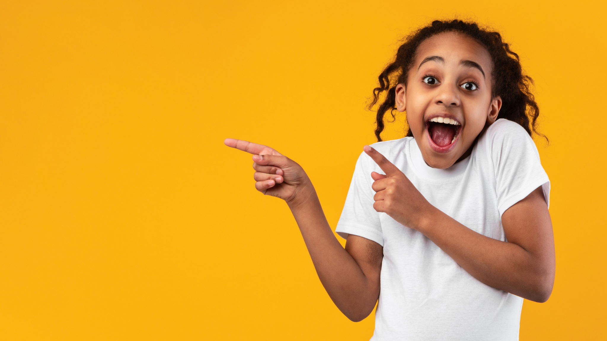 A smiling girl pointing to the REST logo