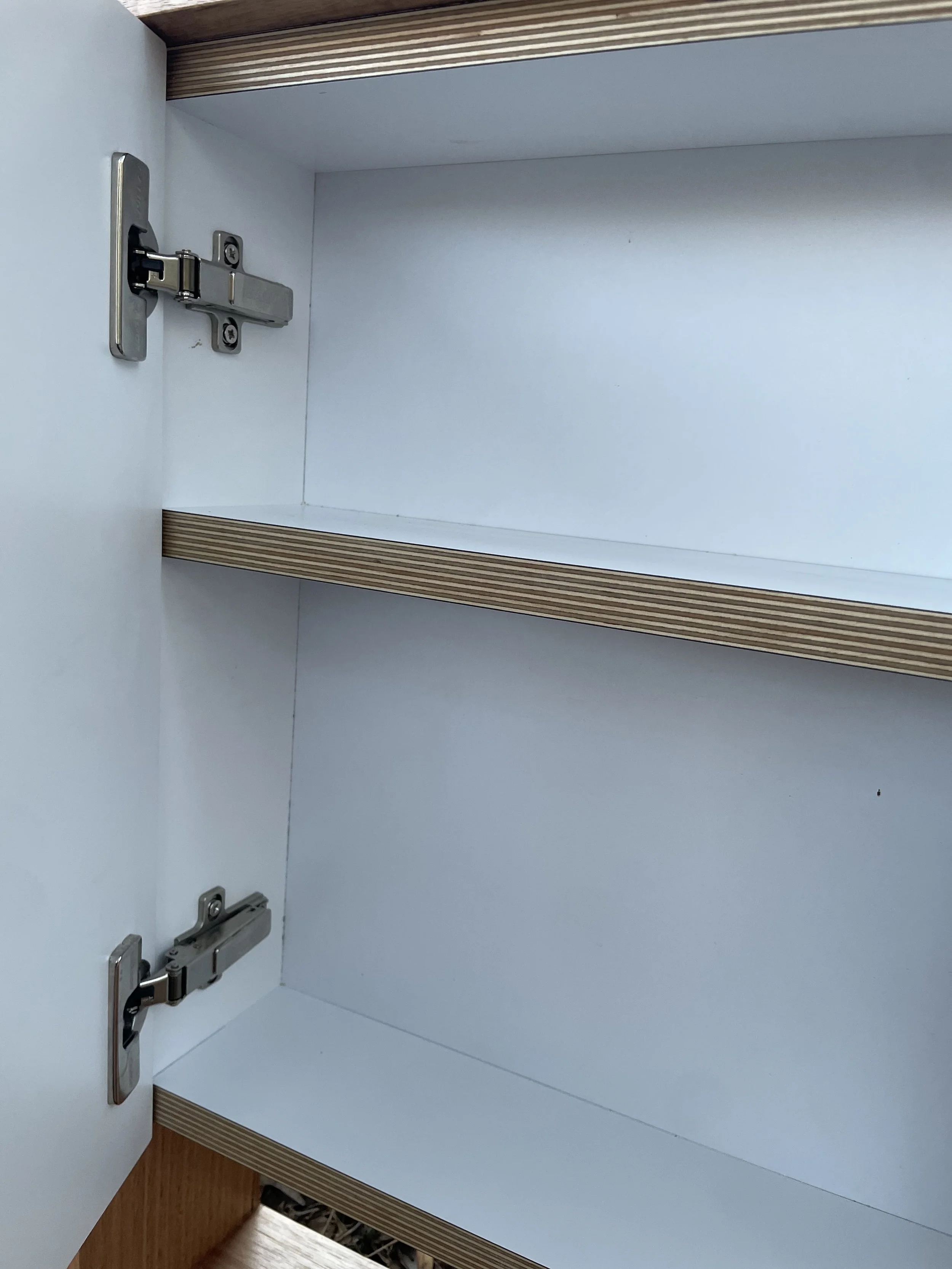 Empty white cabinet with open doors, two adjustable shelves, and metal hinges.