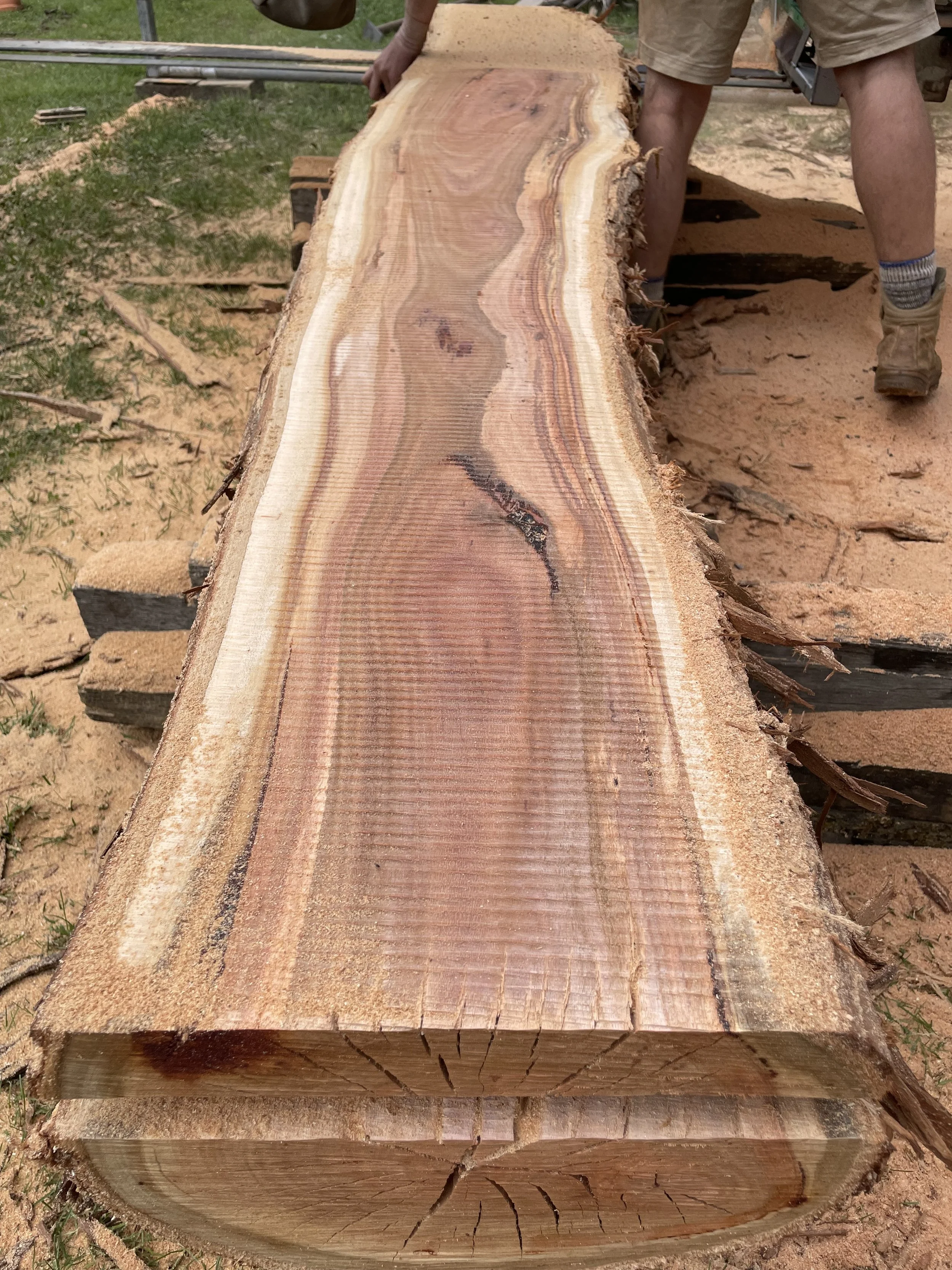 A large unfinished wooden log on a stand outdoors with a person cutting or sanding it, showing its natural wood grain and cracks.