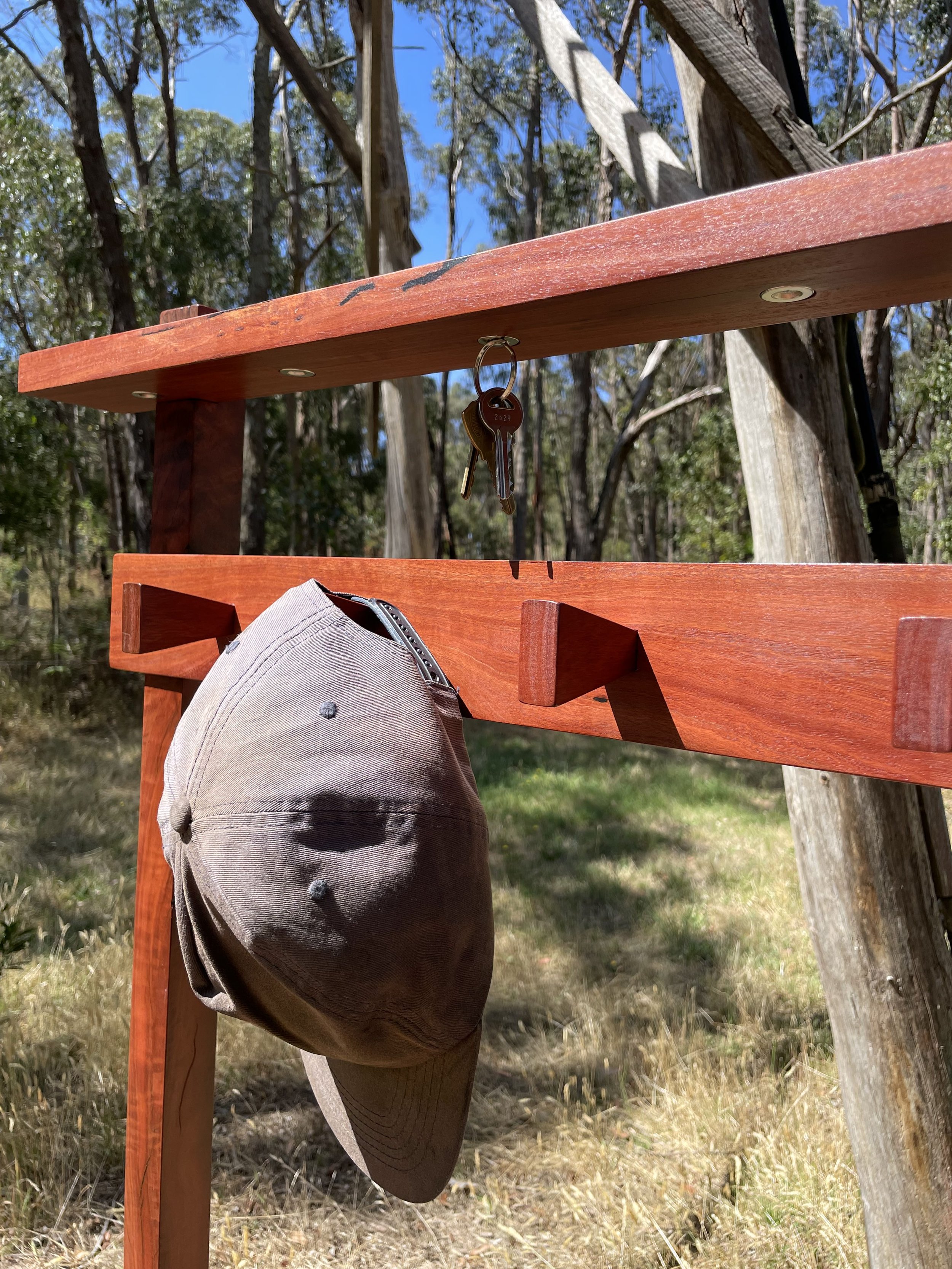 A set of keys hanging from a hook on a wooden outdoor rack, with a brown cap hanging from a lower hook, in a wooded area under a blue sky.