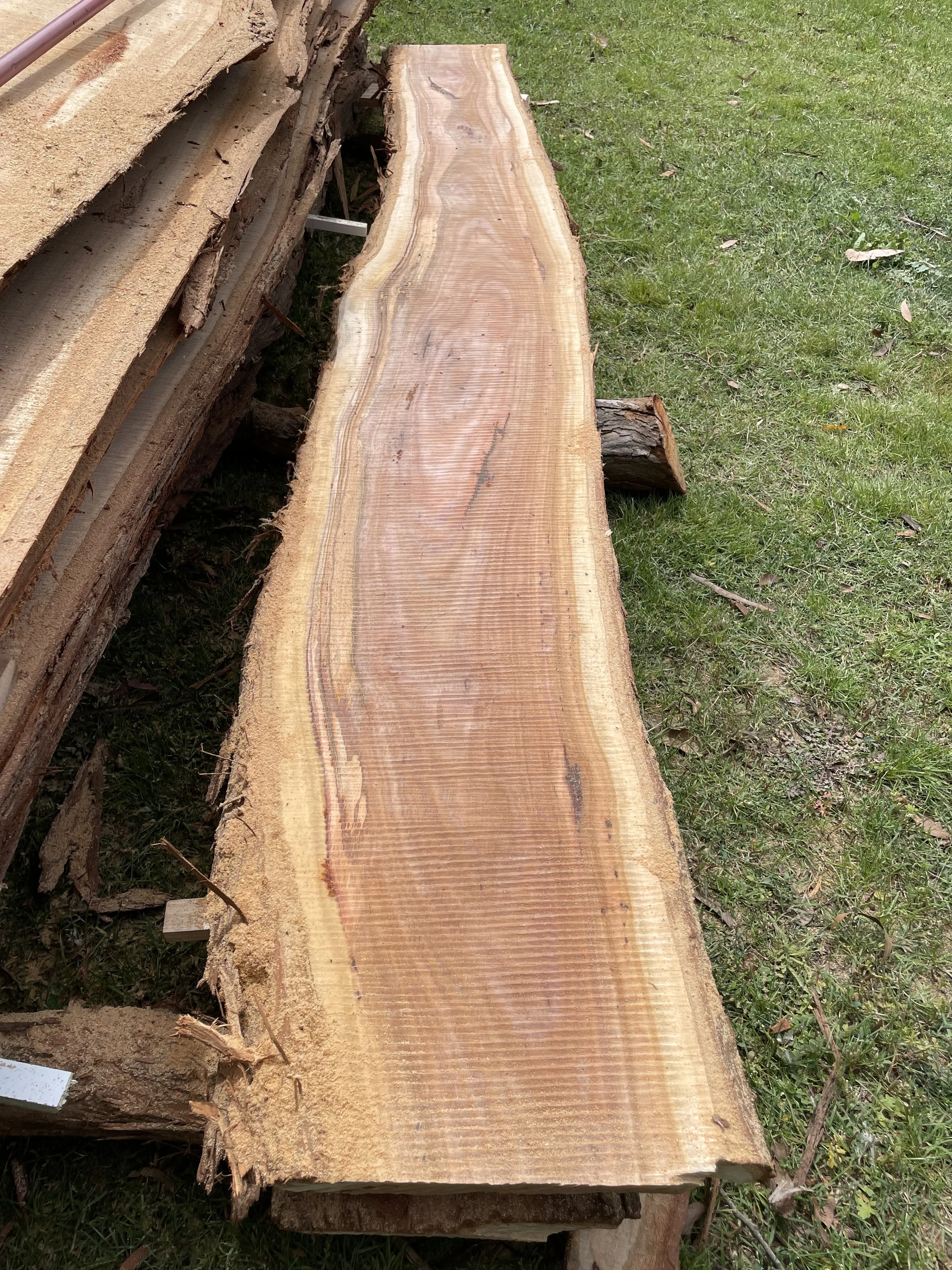 A long, flat piece of finished wood lying outdoors on grass, with a rough cut edge visible.