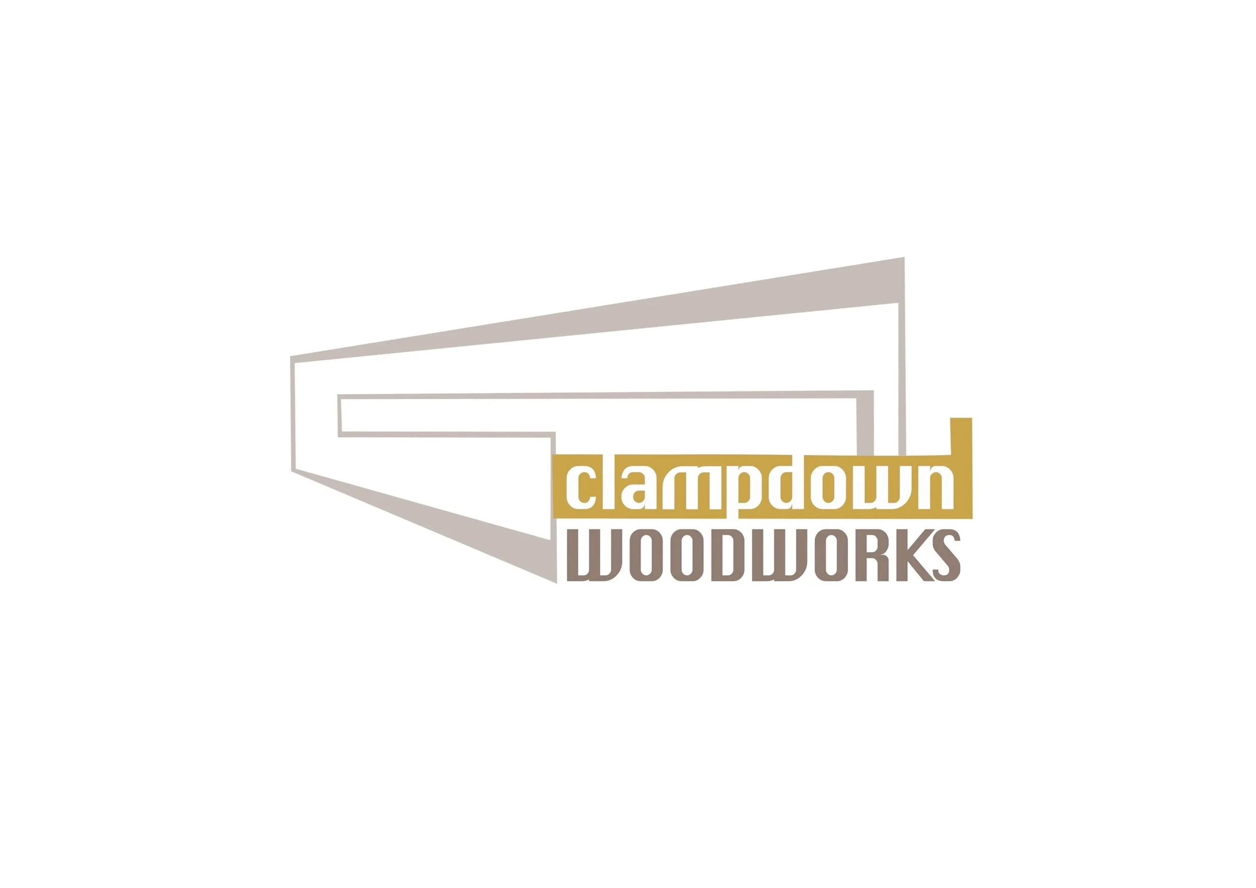 Logo for Clamdown Woodworks featuring a stylized saw blade and the company name in beige and brown colors.