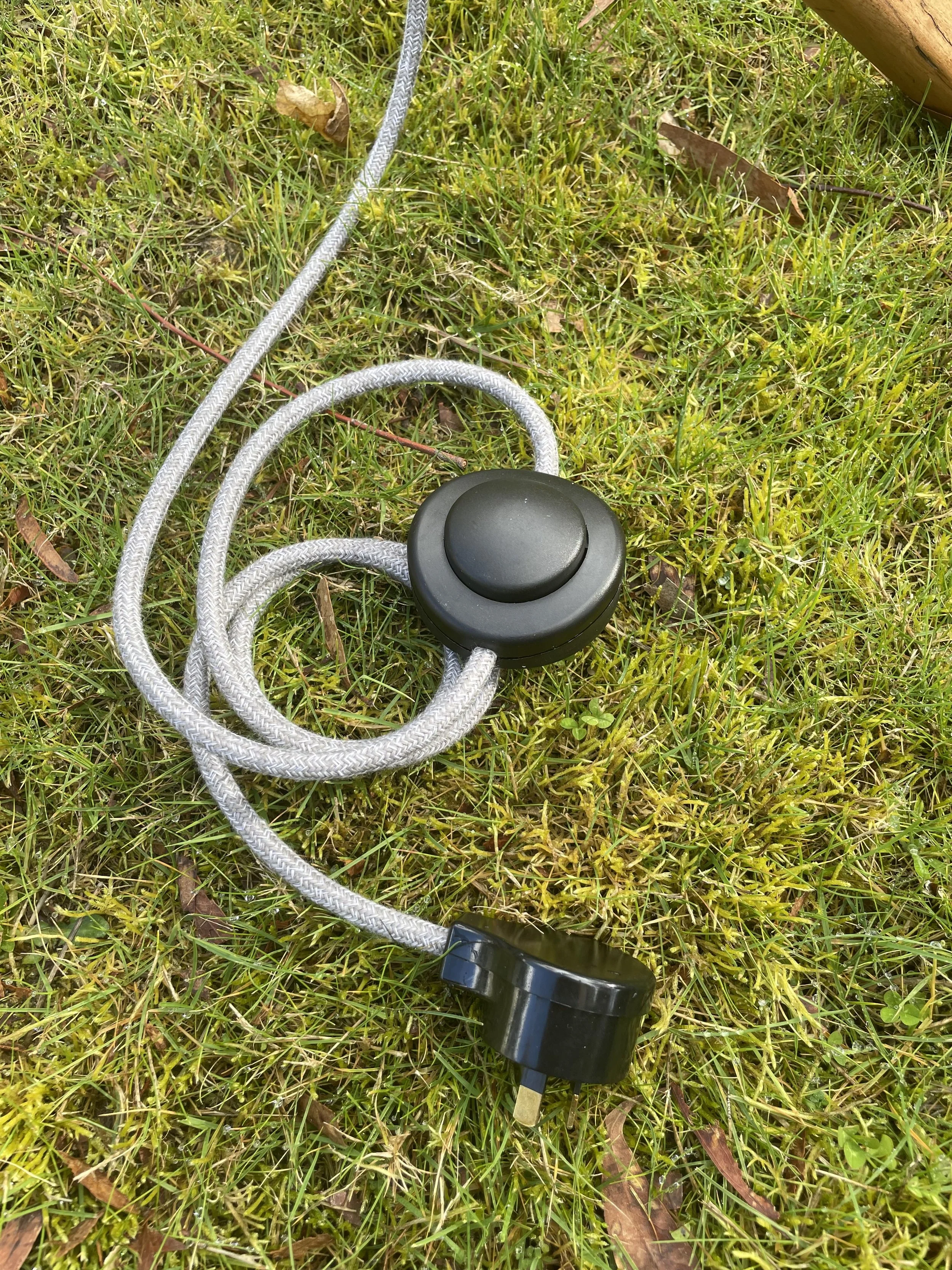 A black extension cord with a round, black on/off switch and a standard two-prong plug, lying on green grass with some brown leaves around.