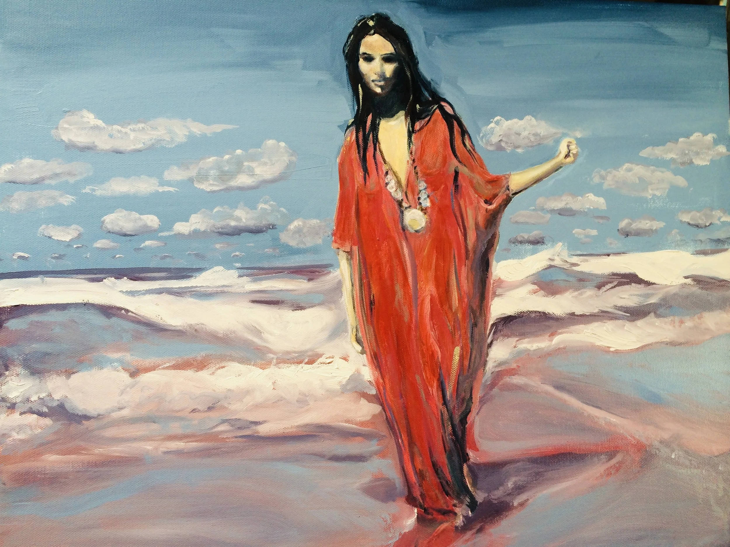 Painting of a woman in a red dress walking on a beach with a blue sky and fluffy clouds in the background.
