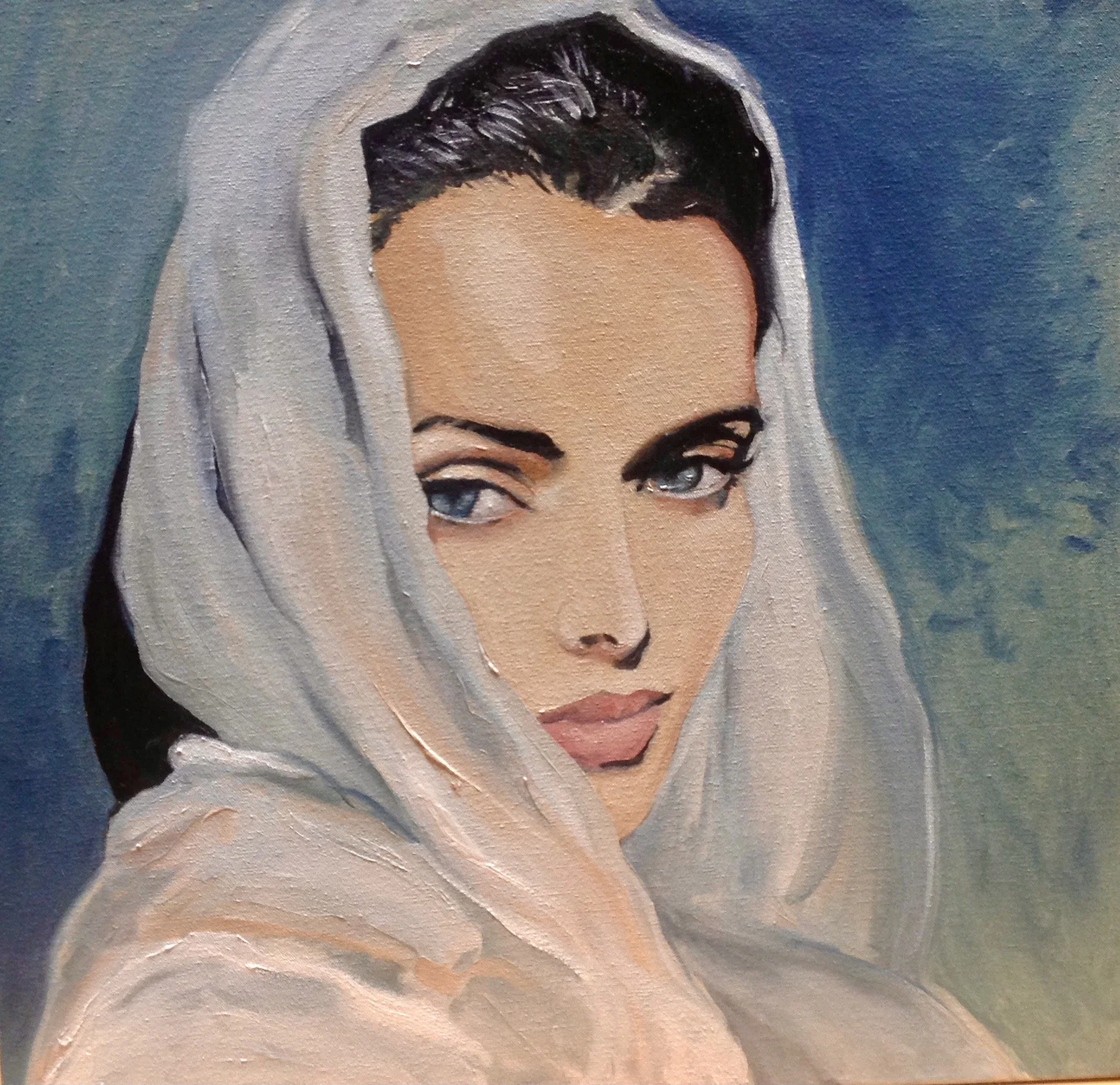 A painting of a woman with piercing blue eyes, dark hair, prominent eyebrows, and lips, wearing a light-colored headscarf.